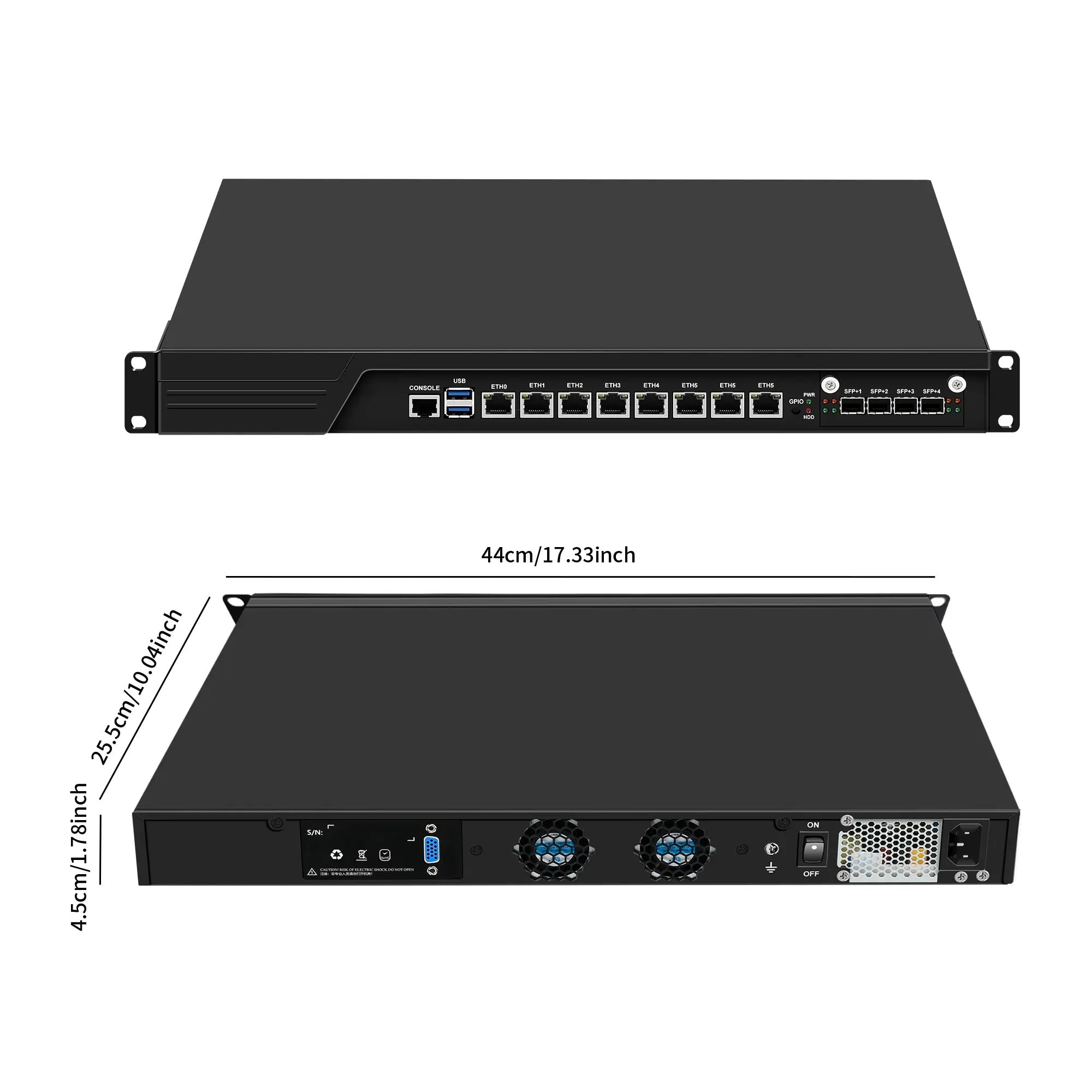 Rack-mounted server 1U product: C236, with an 8-port and 4-spf specification, measures 44cm in length, 25.5cm in width, and 4.5cm in height.