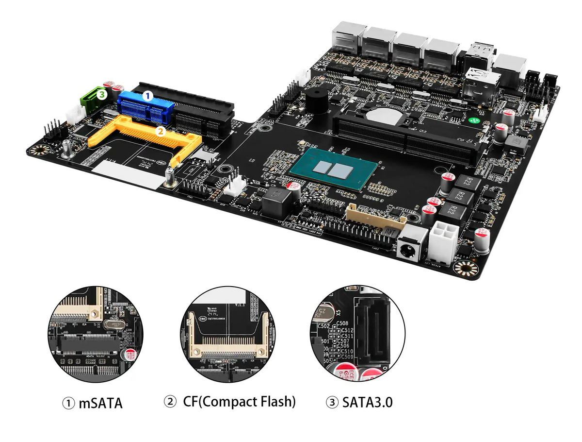 A black motherboard shown at an angle on a white background, with three circular detail callouts below highlighting mSATA, Compact Flash (CF), and SATA 3.0 ports.