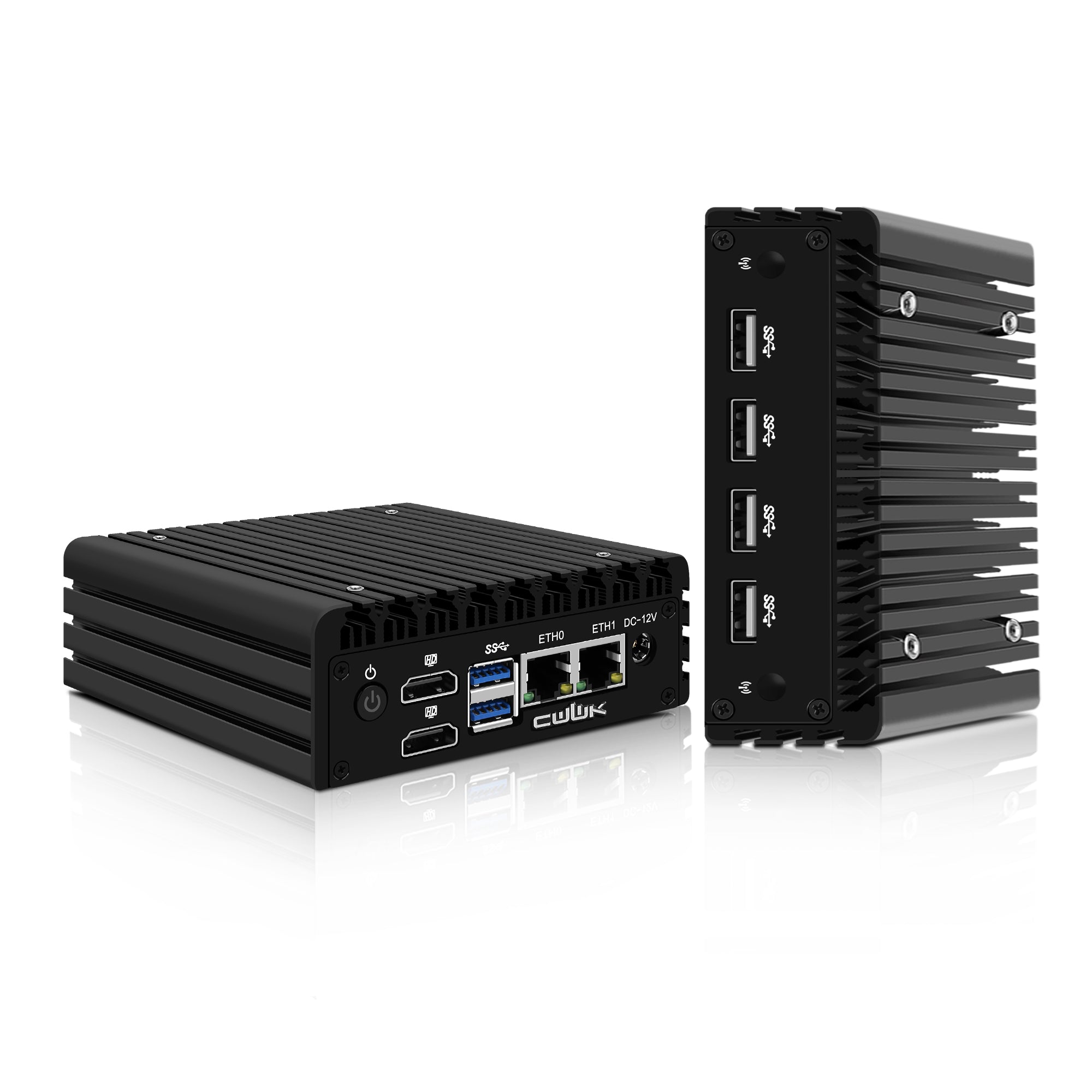 A black CWWK mini PC with multiple ports, including USB and Ethernet, visible on its front panel.