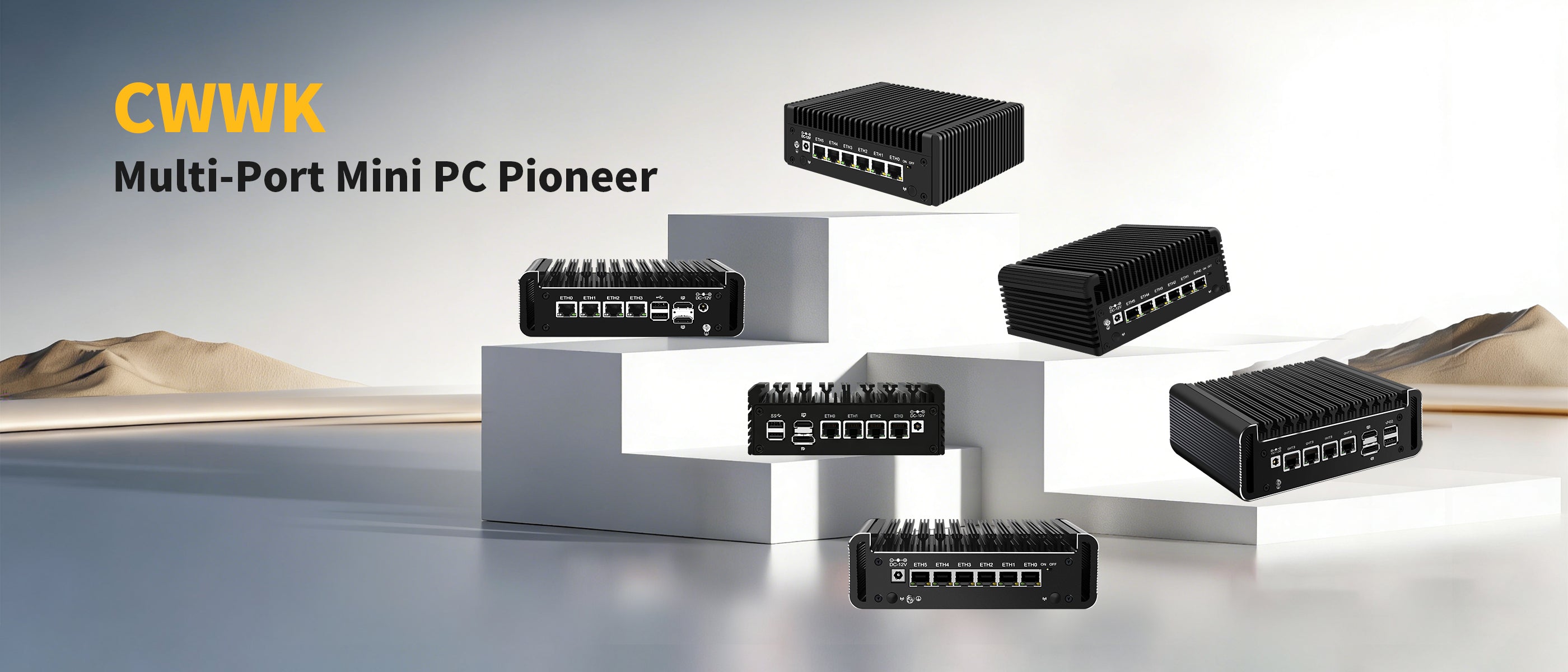 Collection of multi-port mini PCs on a modern design background with 'CWWK' branding.