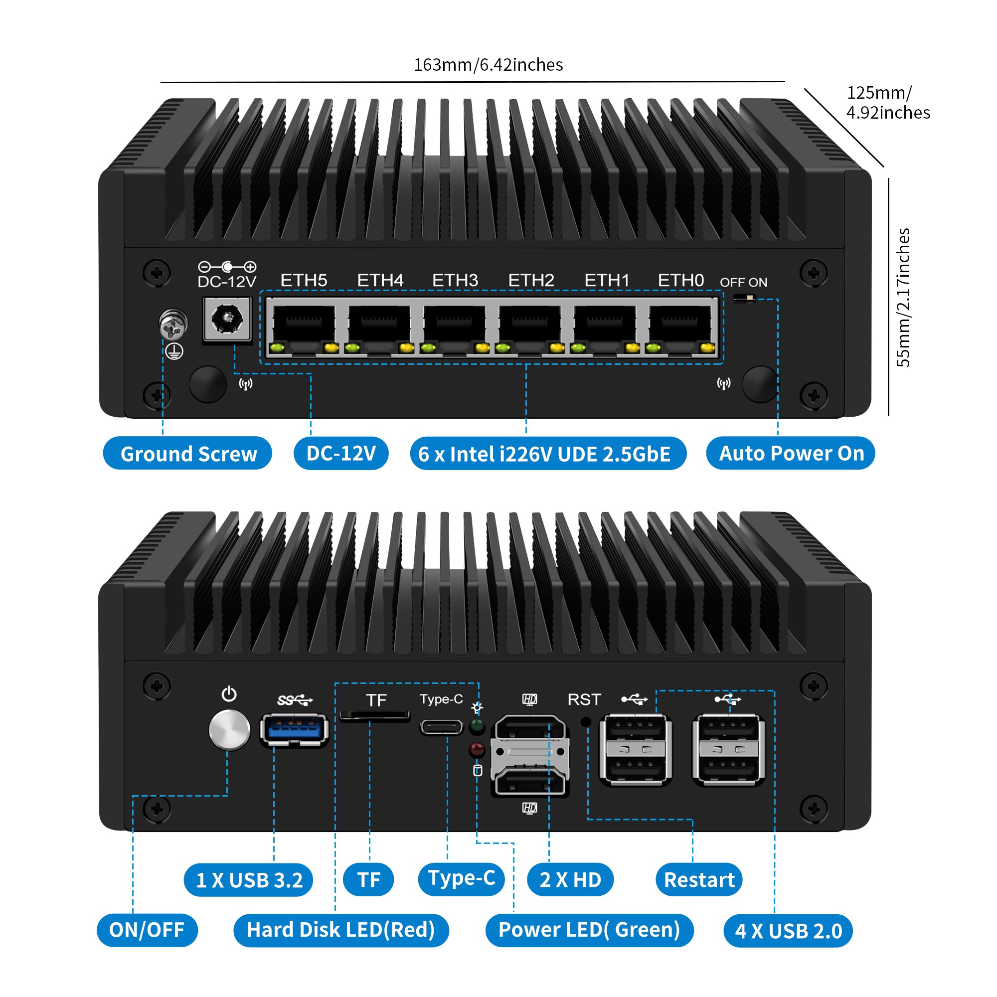 Technical diagram of a black industrial computer case with labeled ports and dimensions.