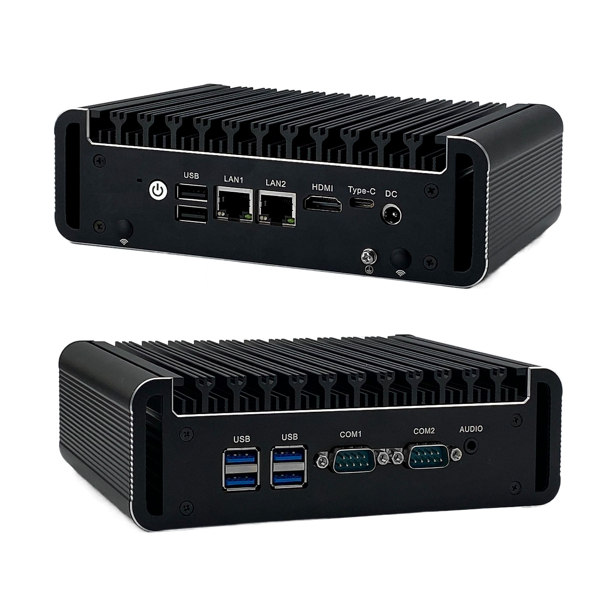 Industrial mini PC with multiple ports, including USB, Ethernet, and HDMI, visible on the front panel.