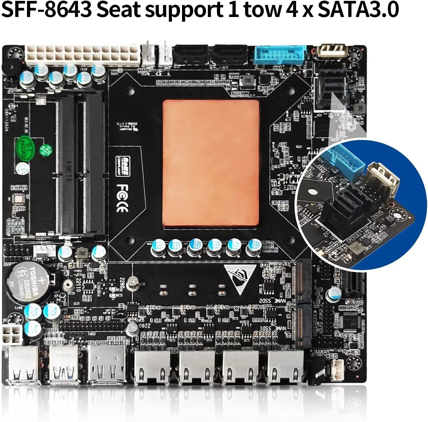 CWWK M3 NAS Motherboard Industrial, 6 Bay, Core i7-1165G7, Mini Itx, 4 × I226V 2.5GbE LAN, DDR4 8GB RAM 128GB NVMe SSD(PCIe3.0×2), 1 × SFF-8643, PCIE×4, DP + HD + Type-C(4K@60Hz)