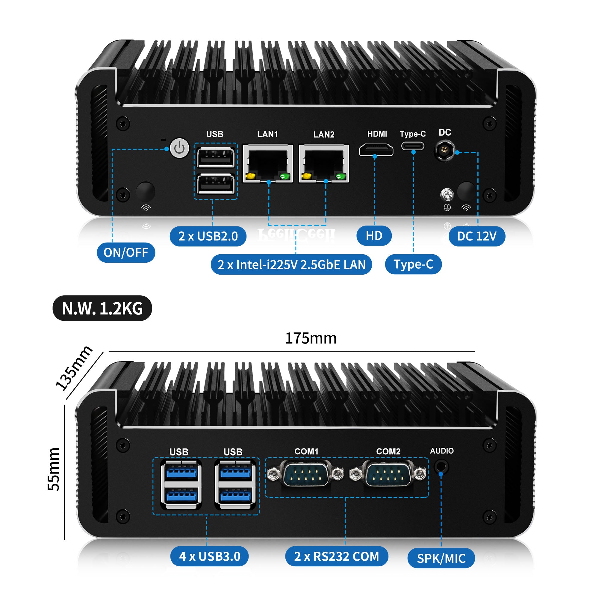 CWWK C3 Fanless Mini Computer N5105, Dual 2.5GbE LAN, RS232 COM, WiFi/BT/SIM, Industrial Firewall