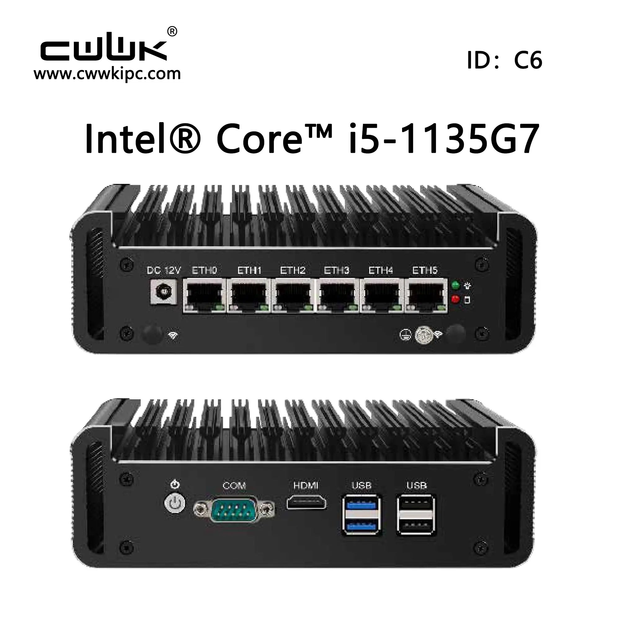 The firewall device is configured with 6 network interfaces and 1 COM interface.