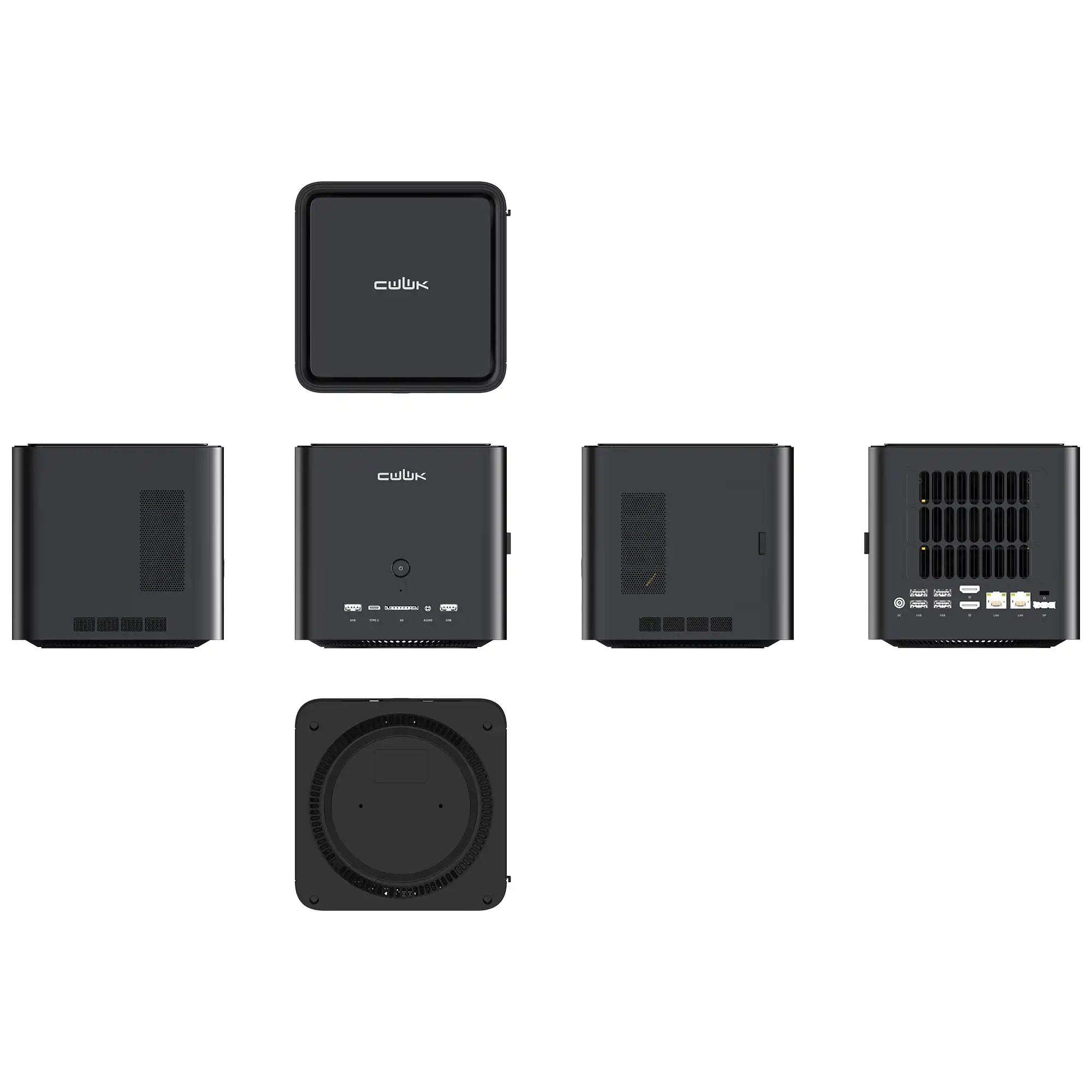 A black square electronic device shown from multiple angles on a plain white background, with the front, back, top, and side views arranged in a cross layout. The front center view shows the white 'cufax' brand name.