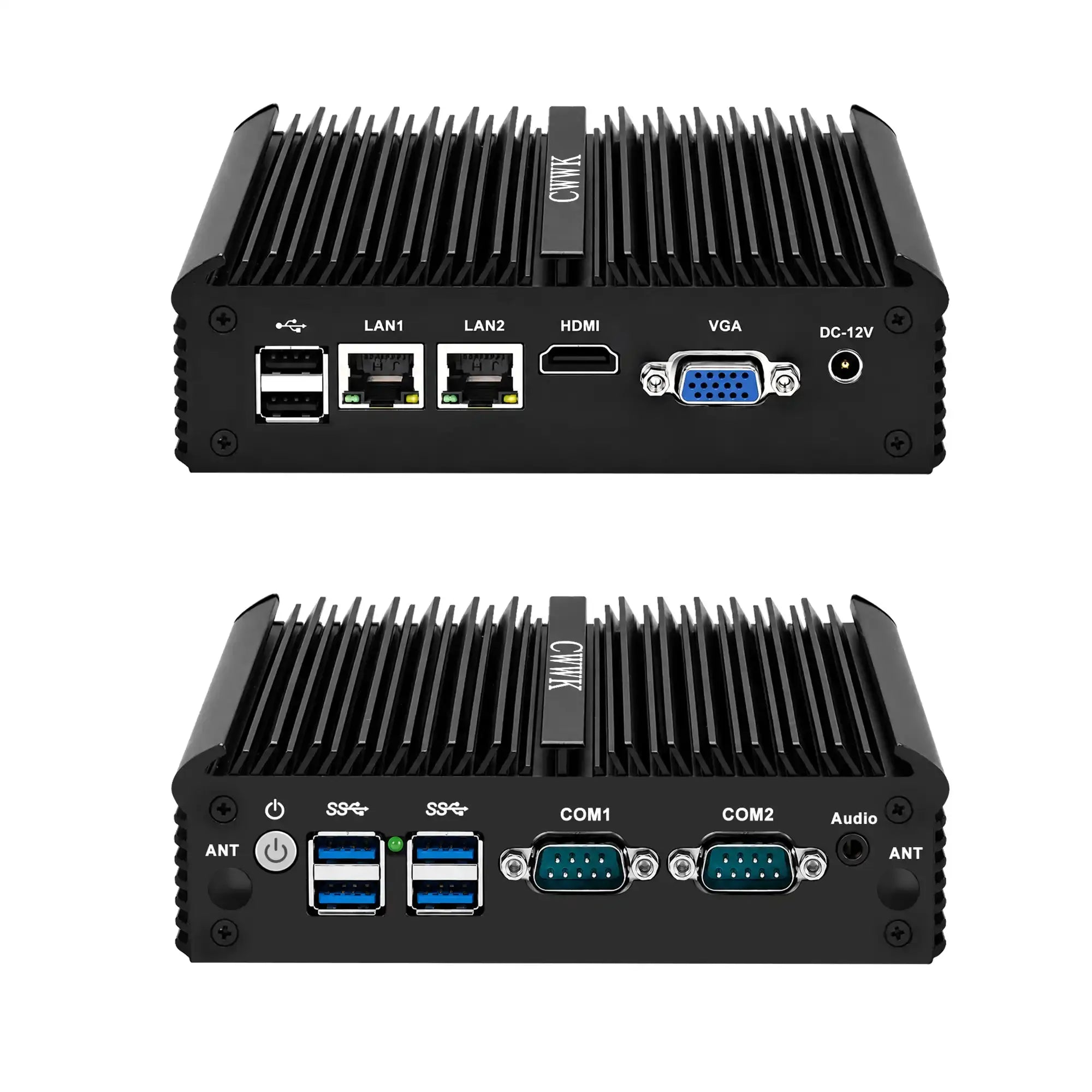 Two views of a black industrial box PC with a ribbed metal heatsink enclosure, showing the front and back panel details with various ports including LAN, COM, VGA, USB, and HDMI.