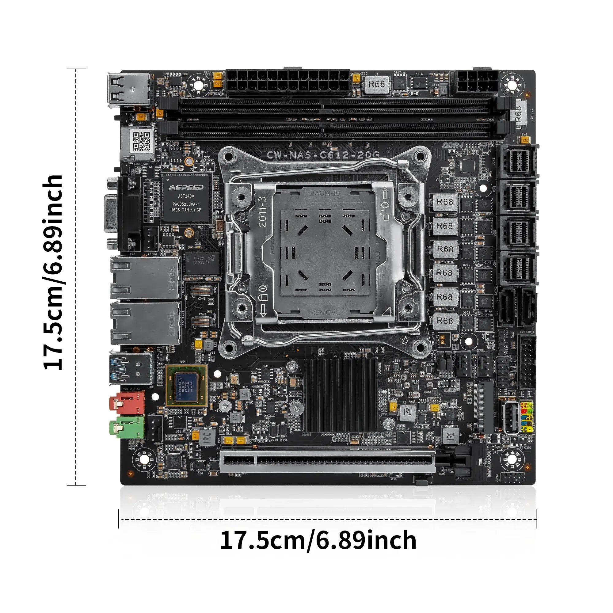 A top-down view of a black and silver computer motherboard with dimension markings showing 17.5cm (6.