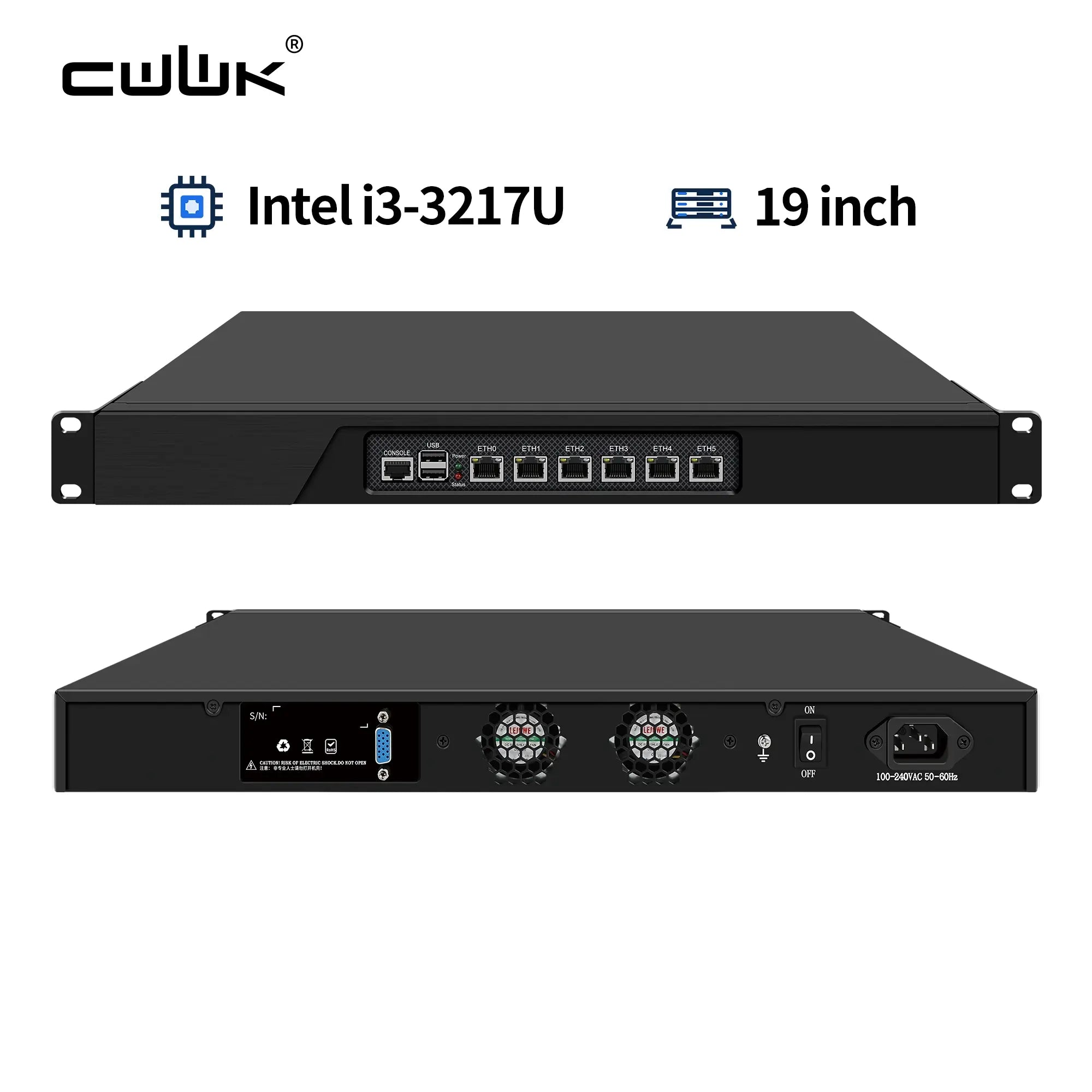 Black 19-inch rack-mount network switch shown from the front and rear on a white background, with text indicating Intel i3-3217U processor and 19-inch screen size. Brand 'CWWK' is visible in the top left.