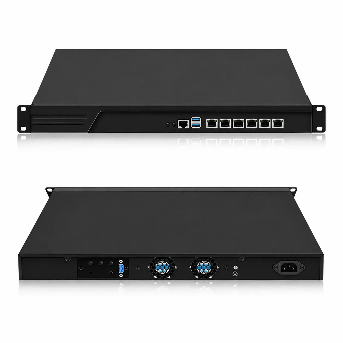 Black rack-mount network storage server shown from the front and rear angles, featuring multiple RJ45 network ports, a USB port, and various rear interface connectors on a white background.