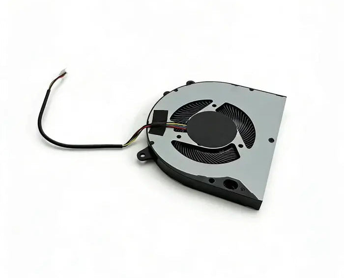 A laptop cooling fan with a silver metal casing, black fan blades, and a black wire harness, shown on a plain white background.