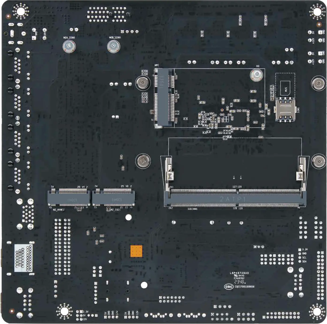 Computer motherboard with various components on a black background