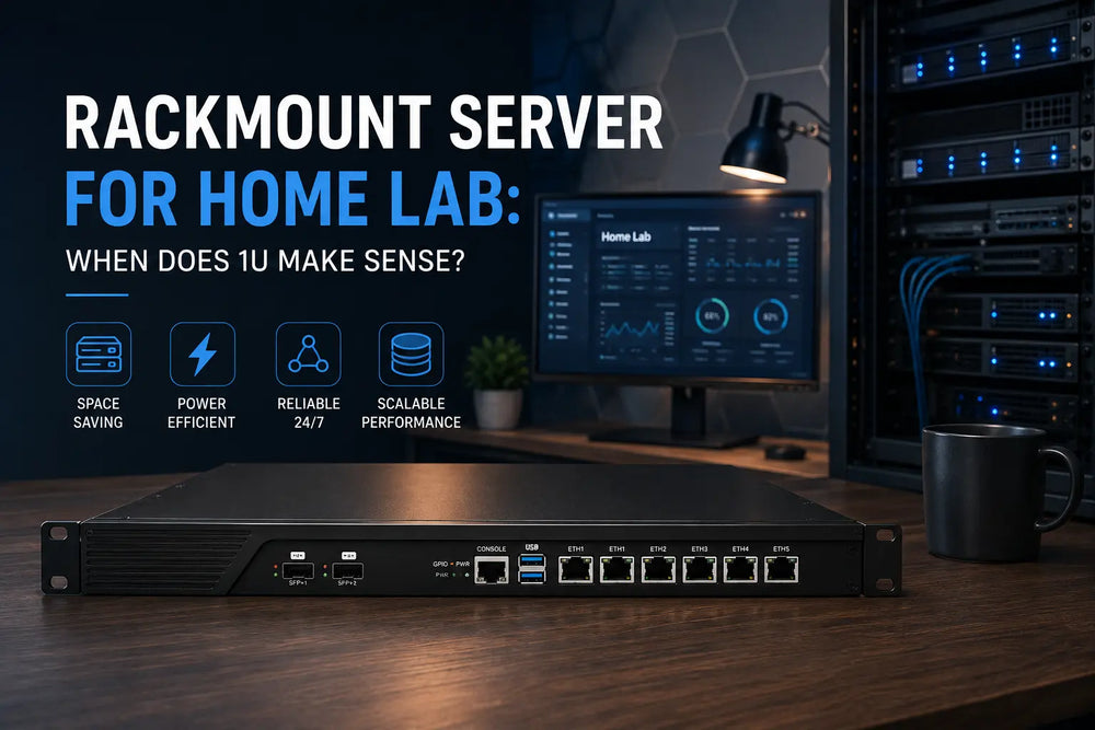 1U rackmount server in a home lab environment with networking and server rack equipment