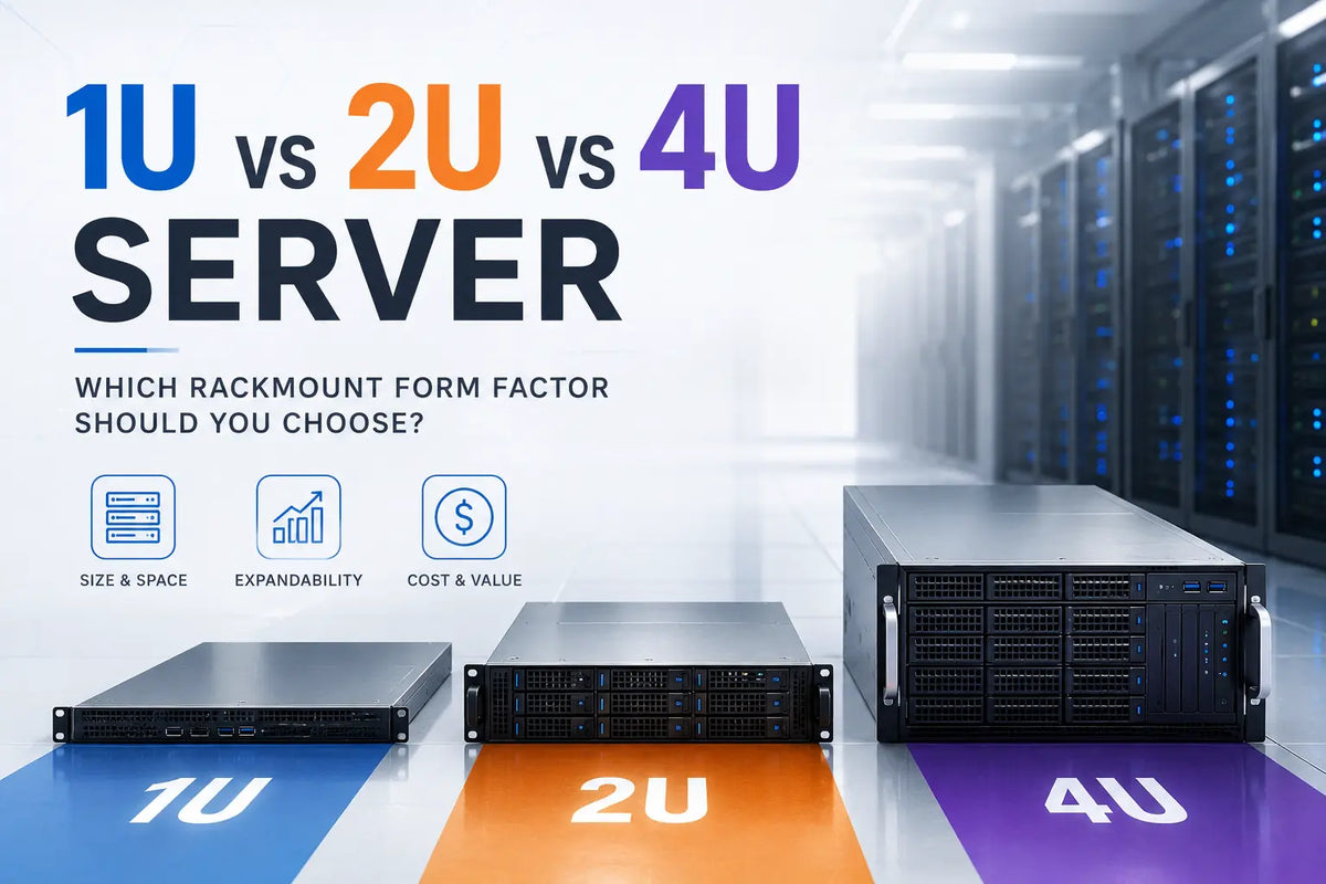 1U, 2U and 4U rackmount servers compared by chassis size and server form factor