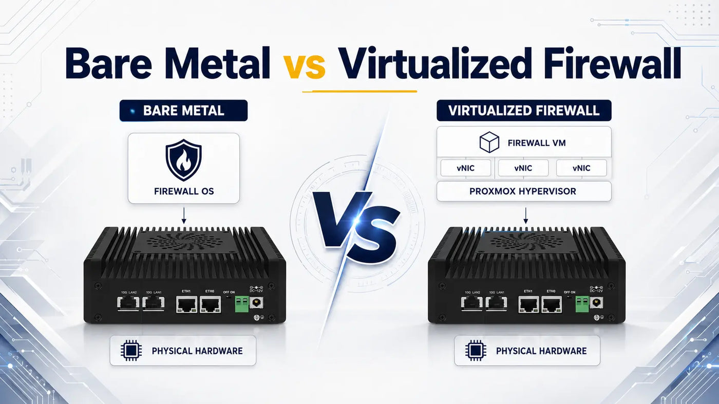 Bare metal vs virtualized firewall comparison showing a firewall OS on physical hardware versus a firewall VM running on a Proxmox hypervisor.