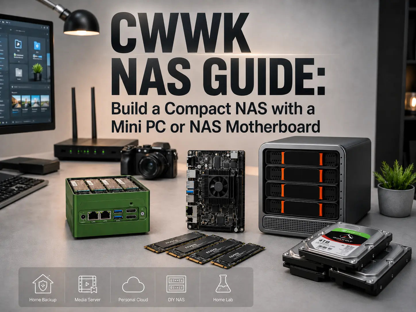 CWWK NAS guide showing Pocket NAS, NAS motherboard, NVMe SSDs, and SATA drives for compact storage builds
