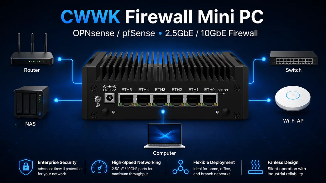 CWWK firewall mini PC for OPNsense and pfSense with 2.5GbE and 10GbE network ports