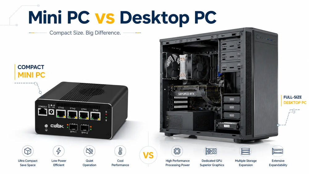 Mini PC and desktop PC comparison of size, performance and hardware expansion