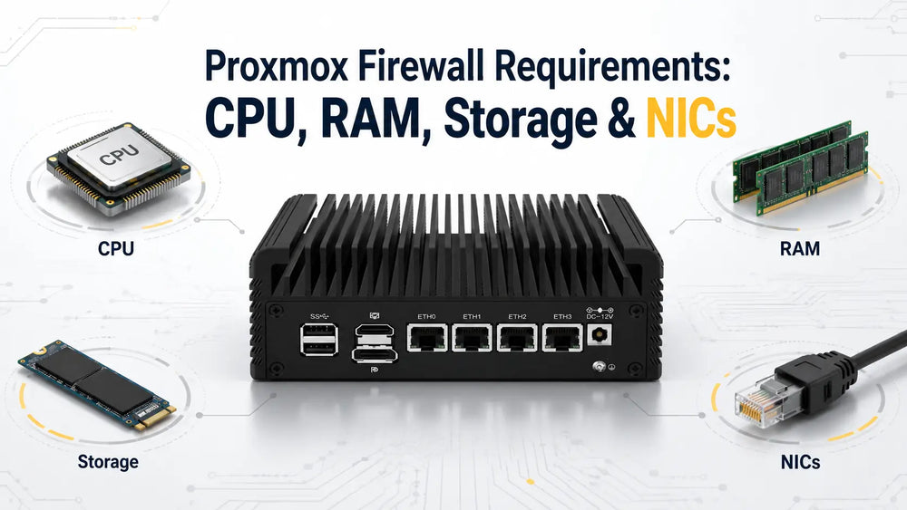 Proxmox firewall hardware requirements showing CPU, RAM, storage and network interfaces