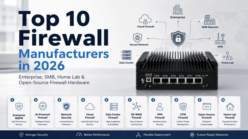 Top 10 firewall manufacturers in 2026 with CWWK multi-port x86 firewall appliance for enterprise, SMB, VPN, and home lab networks