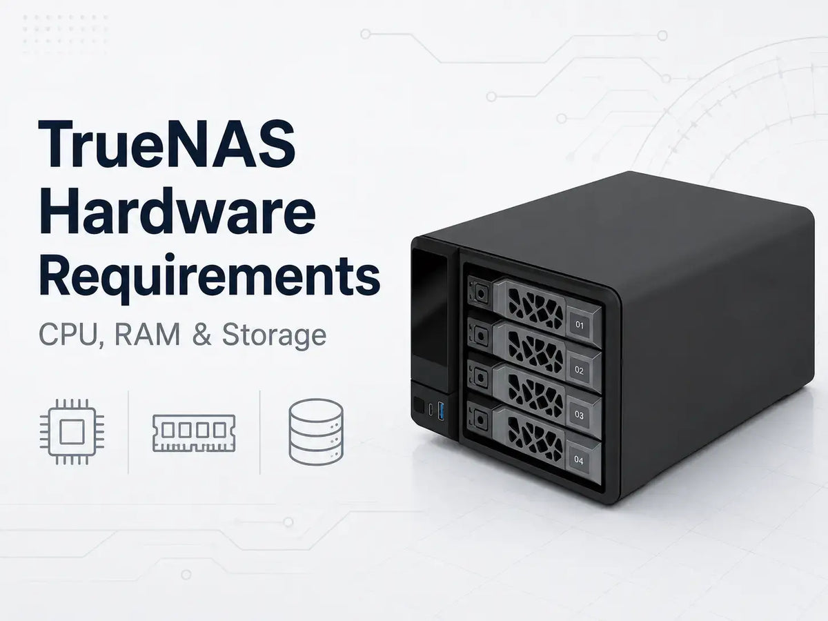 TrueNAS NAS hardware showing CPU, RAM and storage requirements