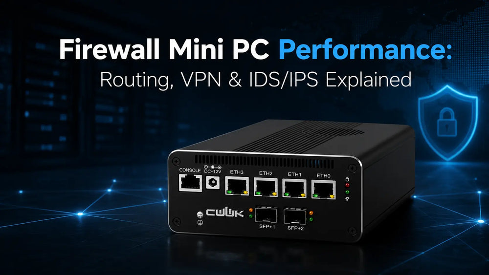 Firewall mini PC illustrating routing, VPN and IDS IPS performance for network security workloads