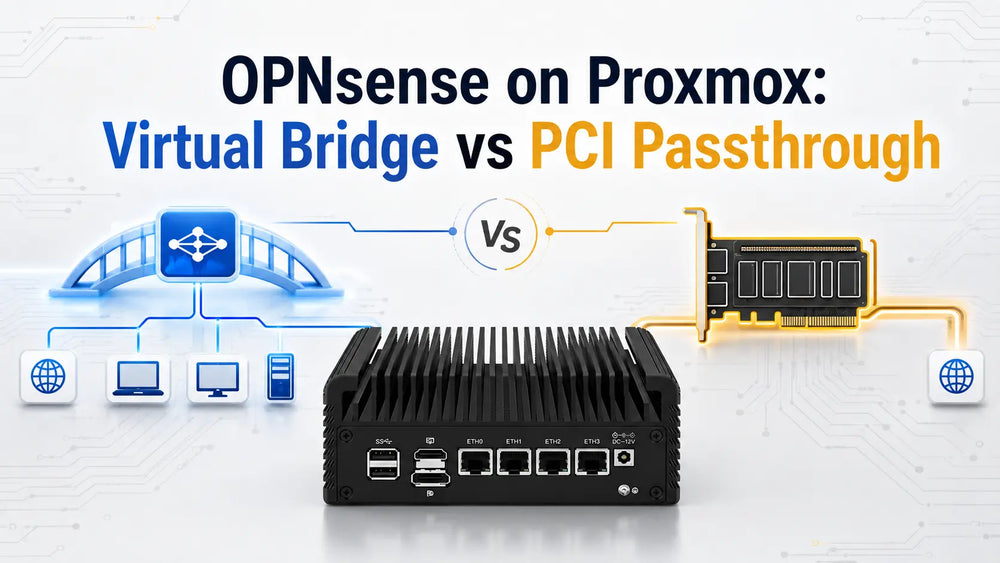 OPNsense on Proxmox comparing virtual bridge networking with PCI passthrough for firewall deployment