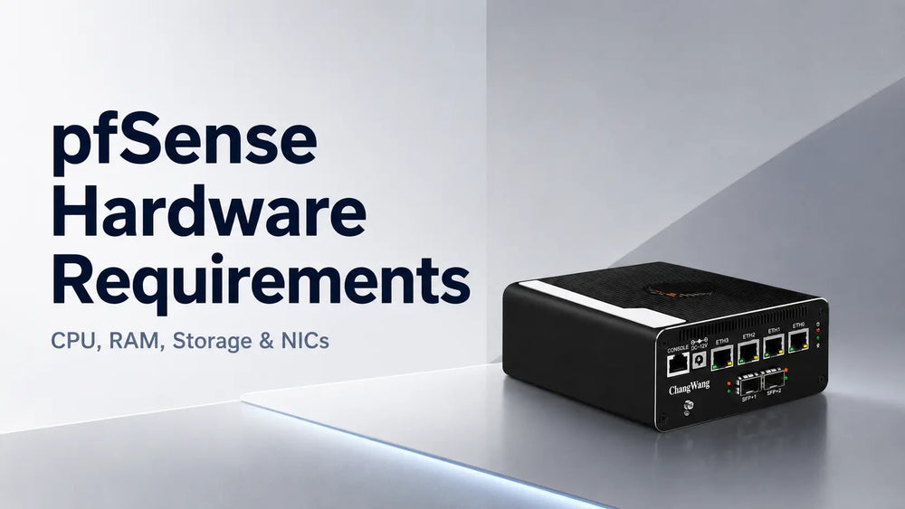 pfSense firewall mini PC showing CPU, RAM, storage and NIC hardware requirements