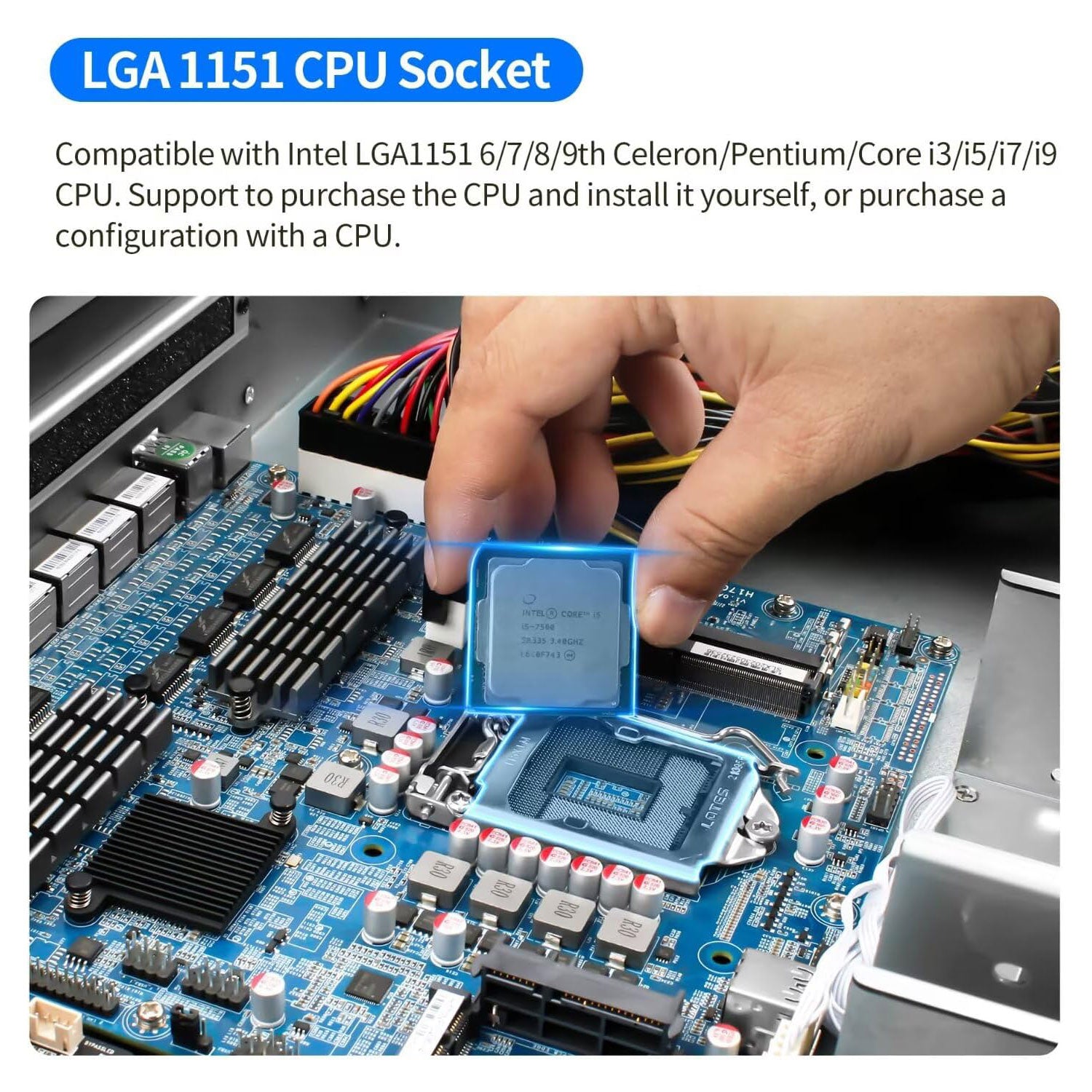 CPU being placed into a motherboard with text about LGA 1151 CPU socket compatibility.