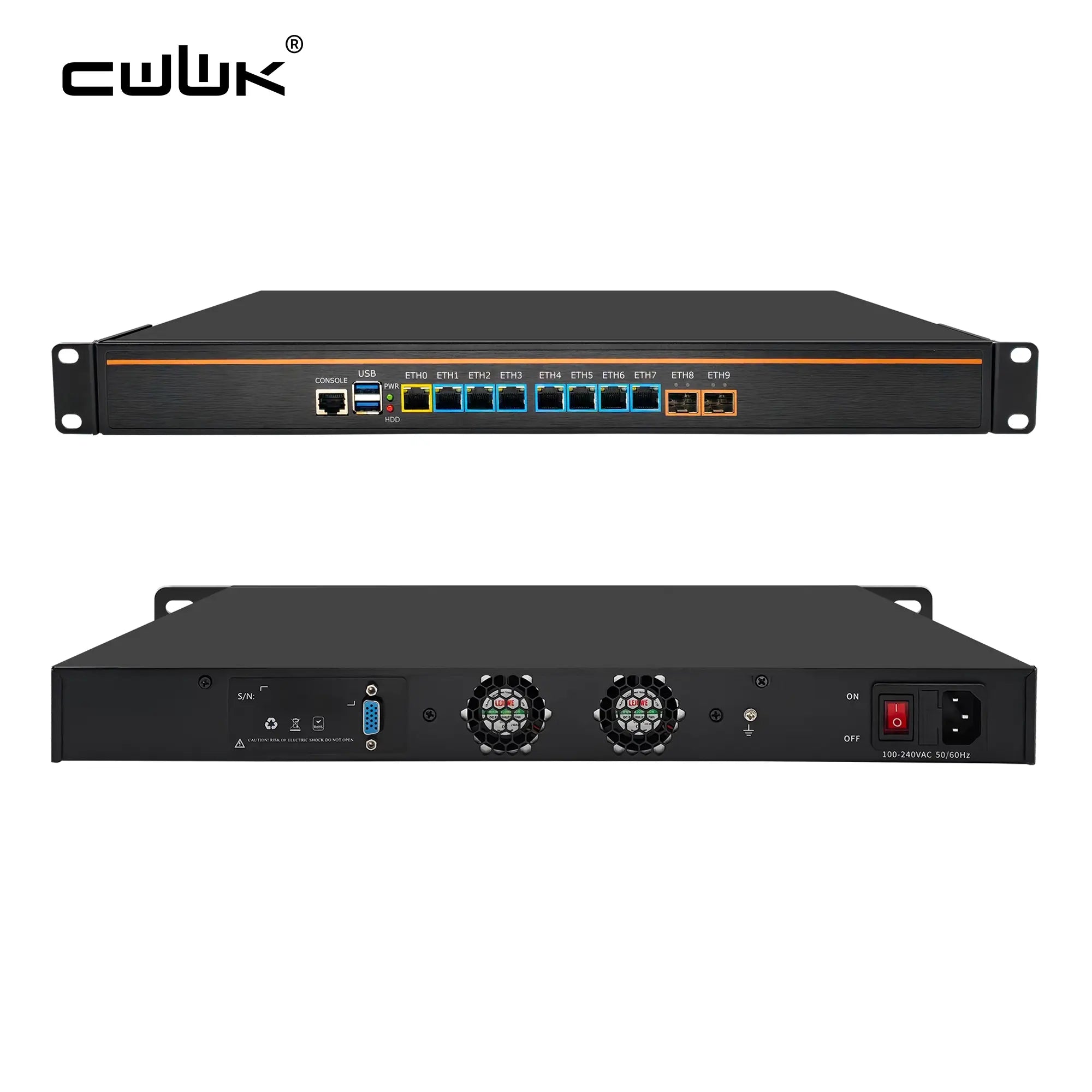 The front view of the CW-U87 rack server features a 10 Gigabit Ethernet port.