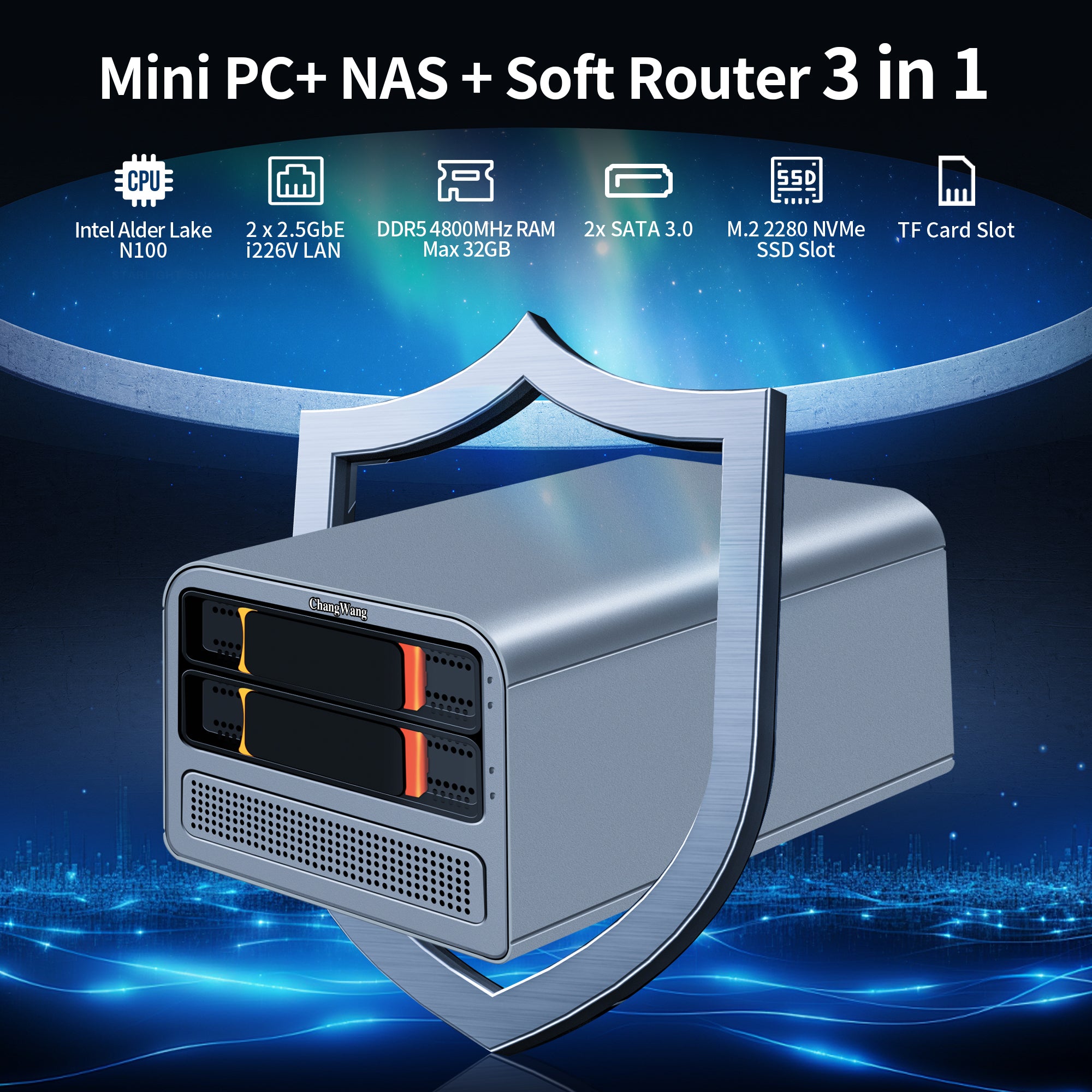 2 Bay N100/N305 Mini PC, Support Hot Swapping, Dual i226V 2.5GB LAN, Quad Core NAS Desktop Computer, 4K UHD,2USB3.2,SPK/MIC (Diskless)  NAS (network-attached storage)