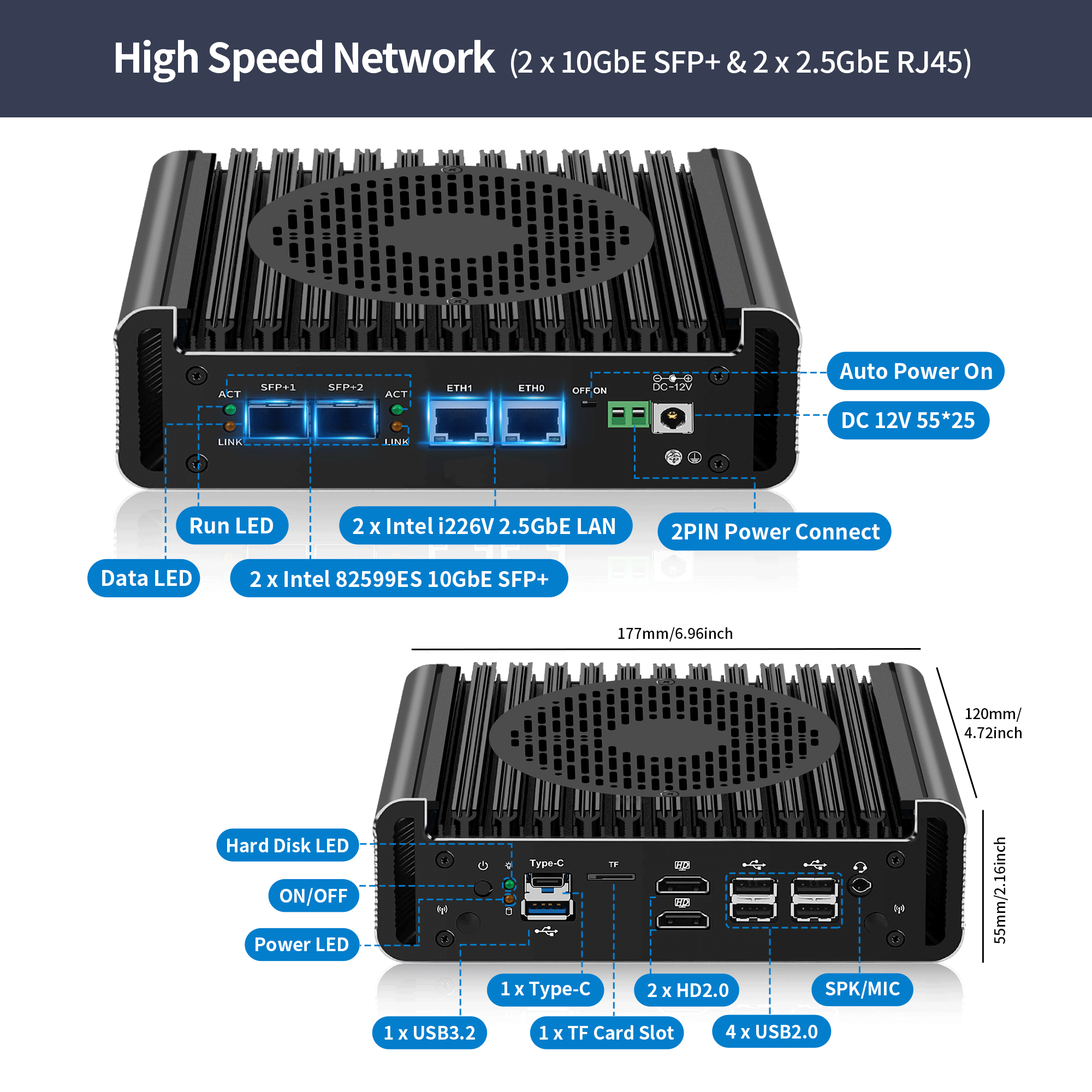CWOS P02 Minicomputers N150 N355 Mini PC Firewall Appliance, 2 x 10GbE SFP+ Mini Computer with 2 x i226-V 2.5GbE LAN, OPNsense Micro PC, Dual 4K Display, USB-C, TF, AES-NI,S1