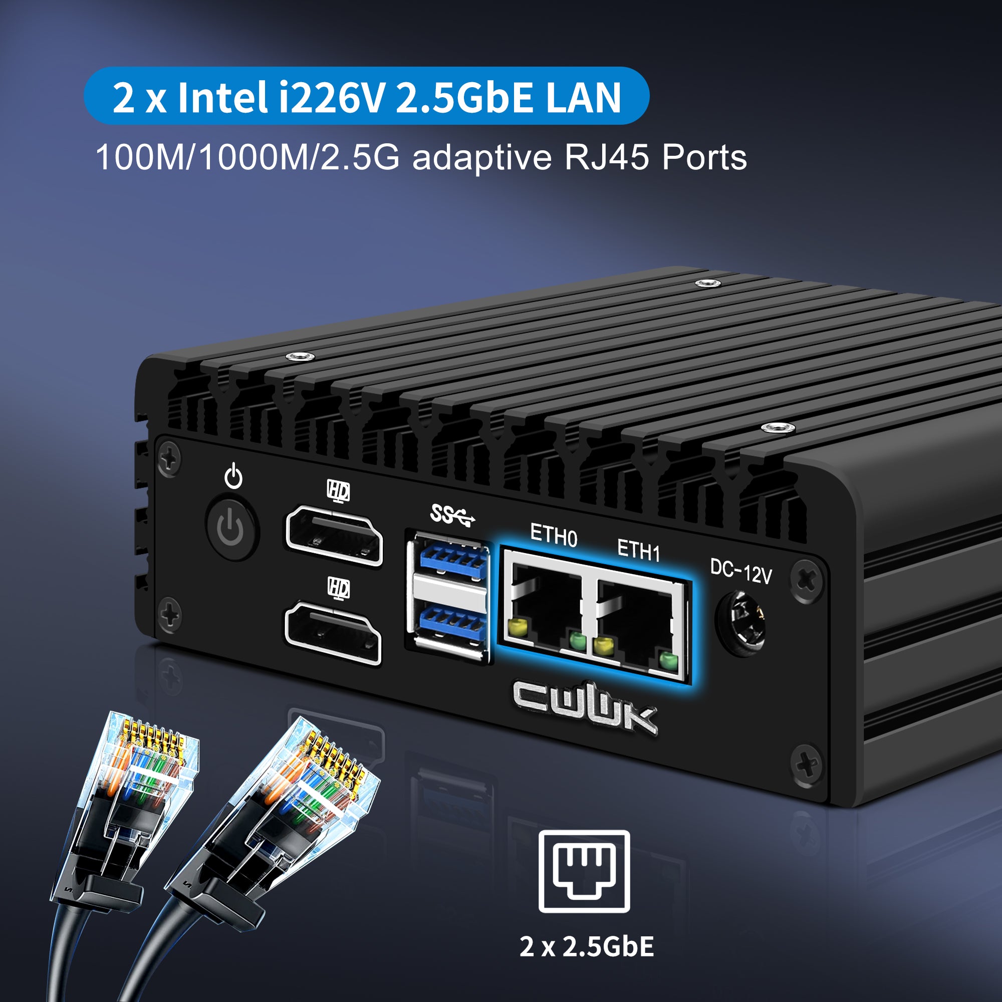 Computer hardware component with Intel i226V 2.5GbE LAN and CWLK branding on a dark background.