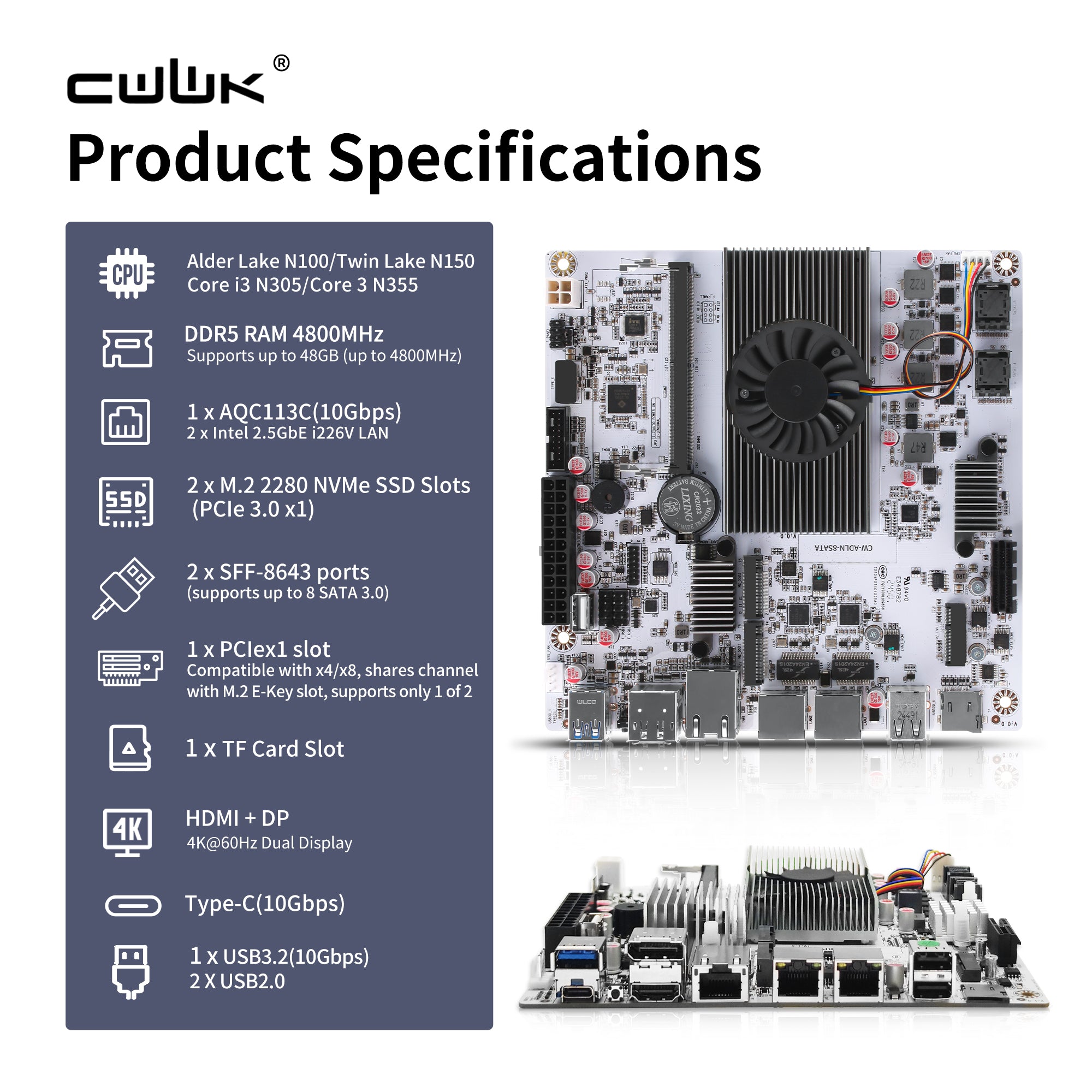 CWWK M8 NAS Motherboard 8 Bay with 10GbE RJ45 LAN, N150/N355CPU Mini ITX PC Motherboard