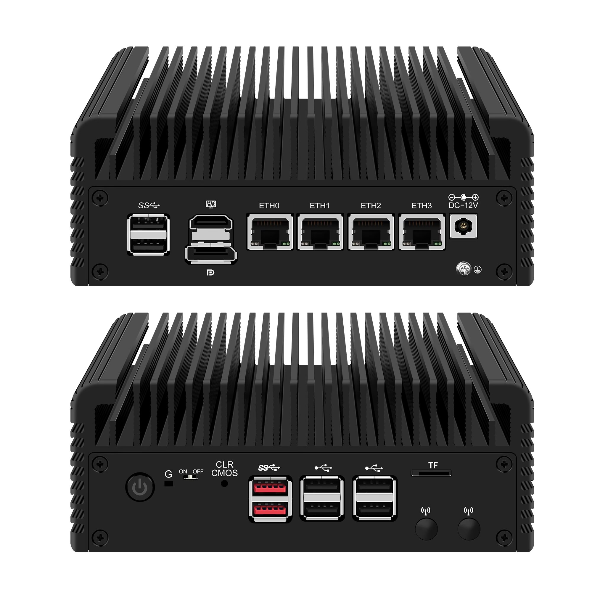 CWWK F8 Mini PC Firewall Appliance Intel Celeron Quad Core up to 3.6GHz 4 LAN Ports DDR5 8GB RAM 128GB SSD Dual HDMI 4K Compact Desktop Computer