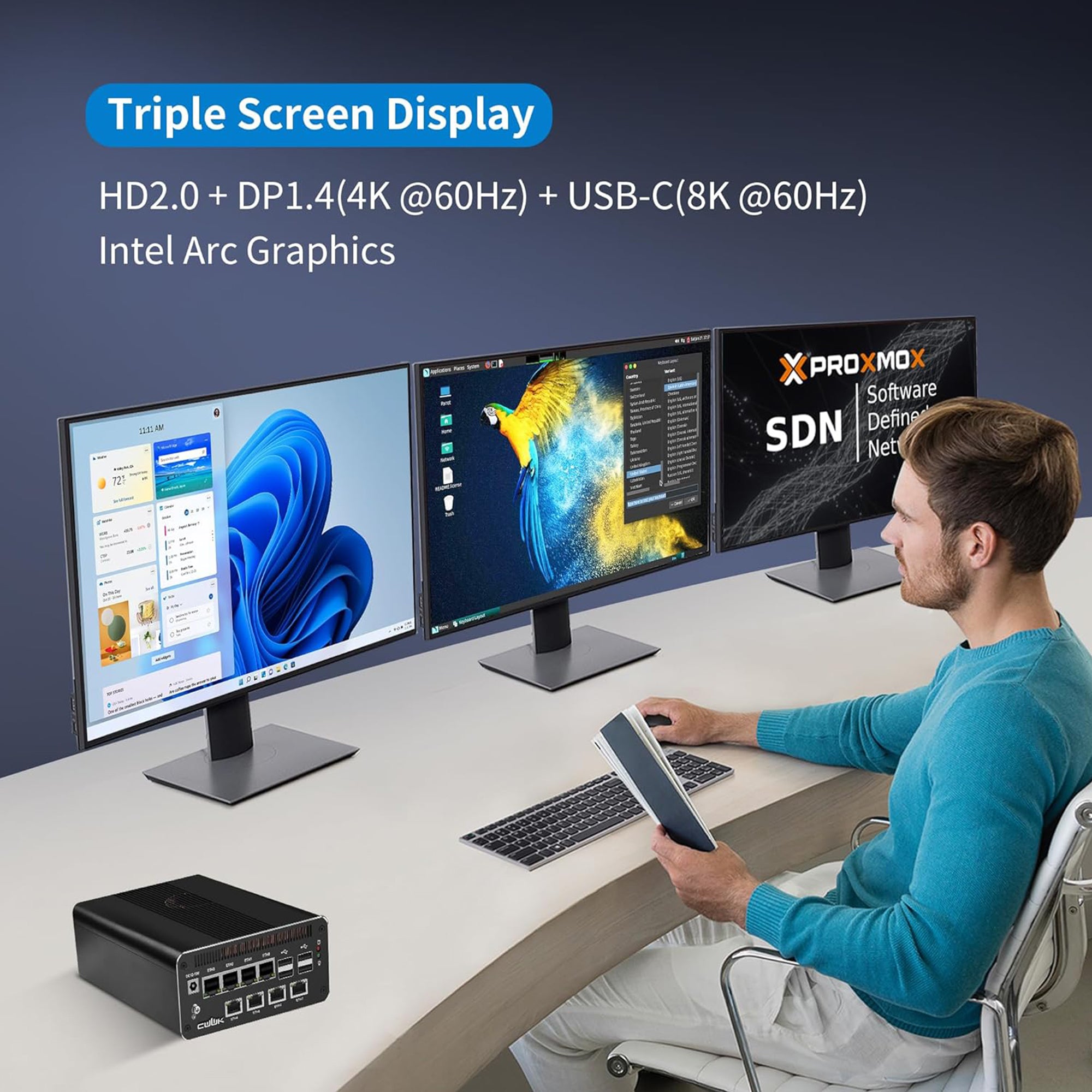 CWWK AI Mini PC Core Ultra 7 155H Firewall Appliance, 8 x 2.5GbE LAN Mini Computer, F27/F28 Linux Server Micro PC, Win11 Pro, DDR5 RAM NVMe, PCIe4.0 x4, USB4(40Gbps), HD/DP