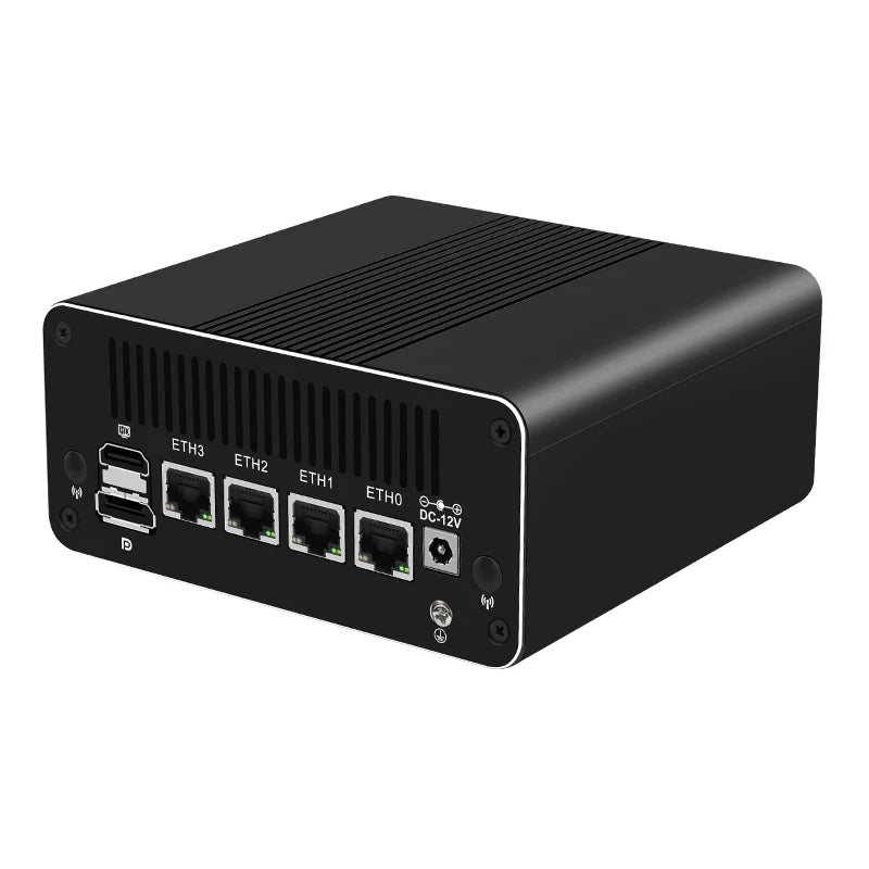 A black mini PC with multiple ports on the front, including Ethernet, USB, and HDMI ports.