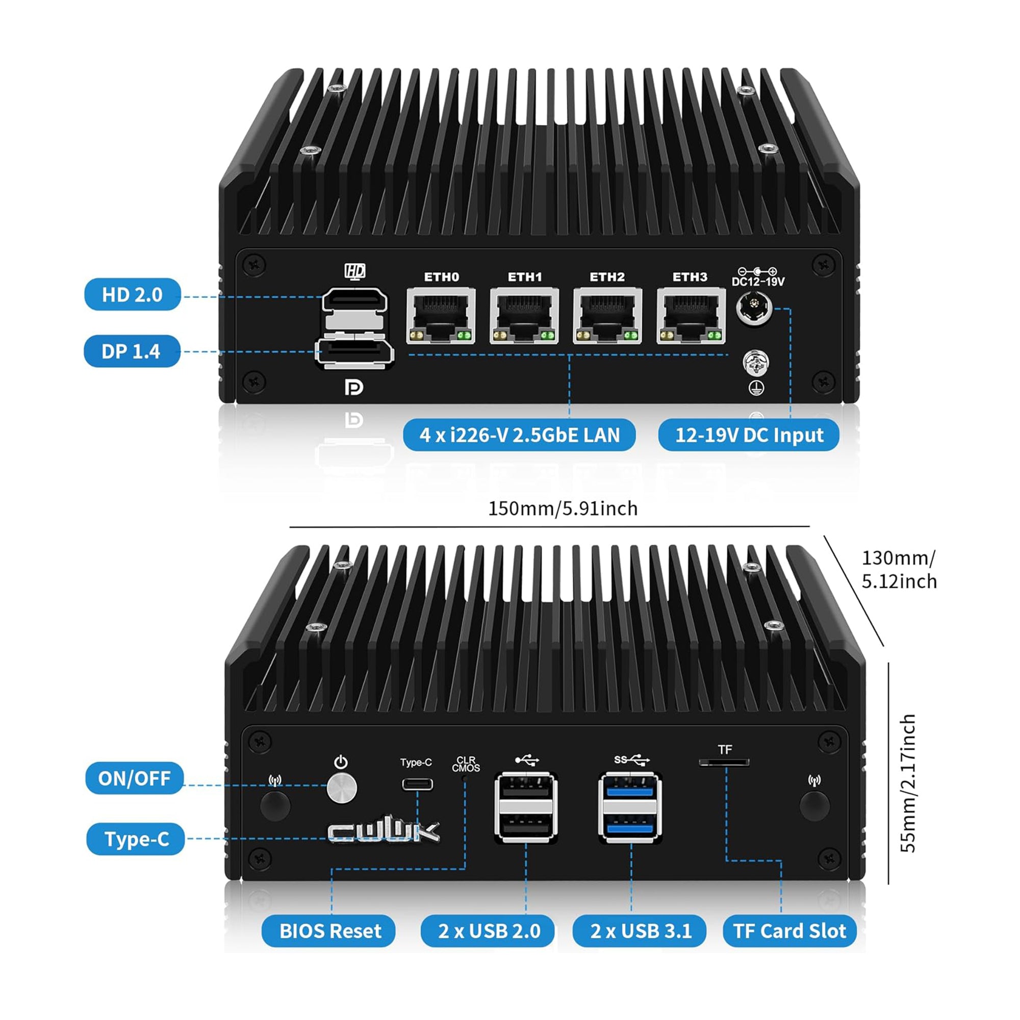 CWWK Mini PC F16 Fanless Ryzen 5 5500U Firewall Appliance, 4 x i226-V 2.5GbE LAN OPNsense Mini Computer