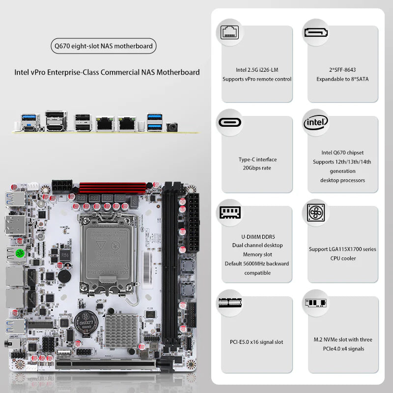 CWWK NAS-B-Q670-Plus 8 Bay NAS Motherboard with Dual 2.5GbE and 3x M.2