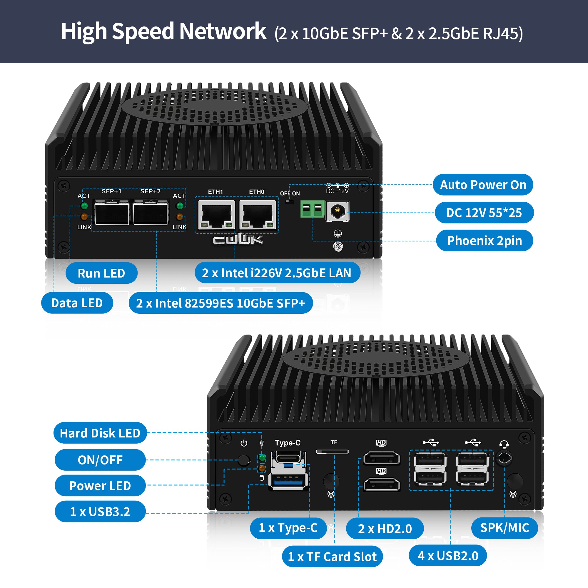 CWWK S6 Mini PC Firewall Hardware for Opnsense Pfsense,Softer Router Intel N150 N100 N305 N355 Dual Nic 2 10Gbe SFP+,2 Port i226V 2.5Gbe Lan