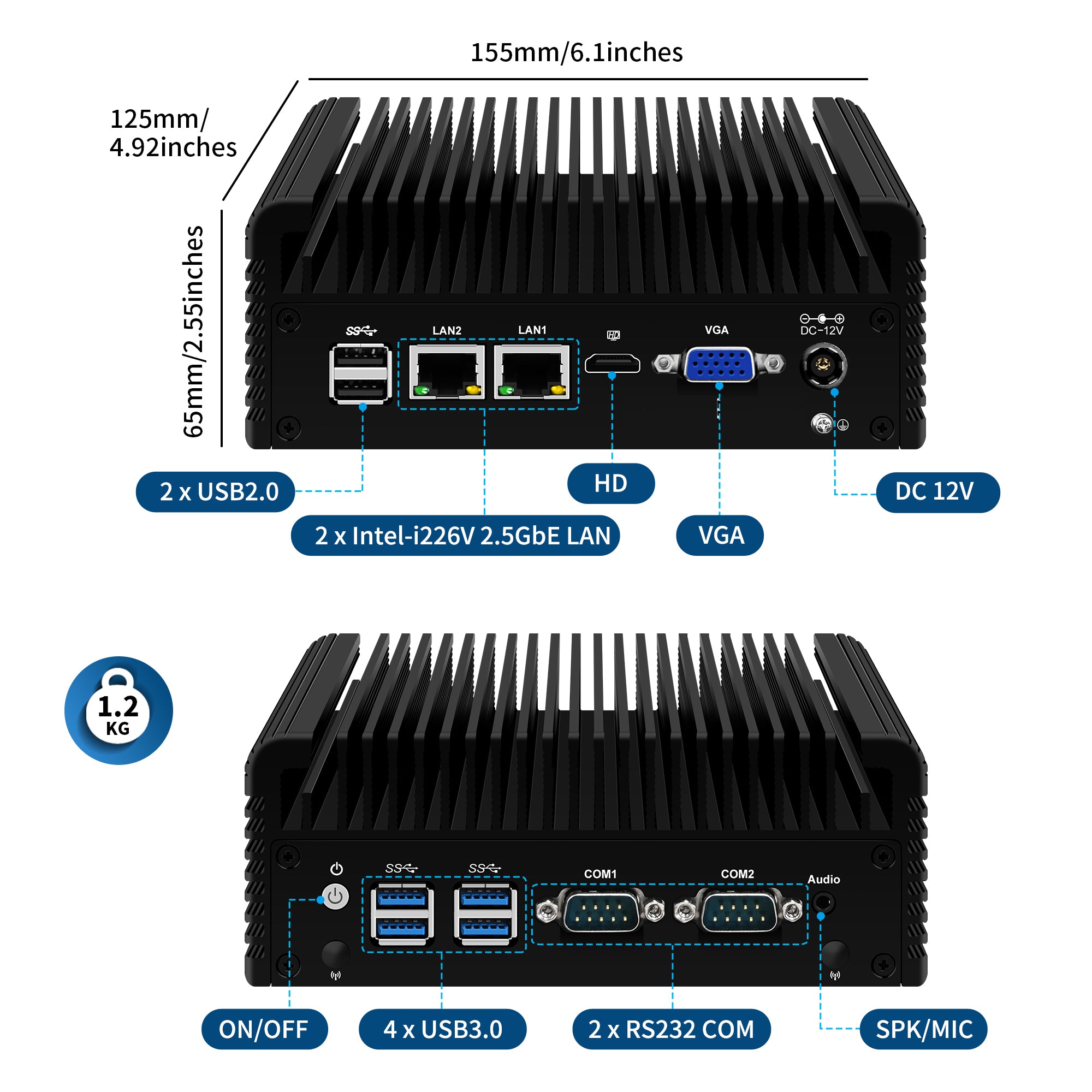 CWWK C7 Industrial PC, Fanless Mini PC Ryzen 5 5600U, Dual 2.5GbE i226V LAN, 2 × COM RS232,Mini Desktop Computer, DDR4 8GB RAM 128GB NVMe SSD