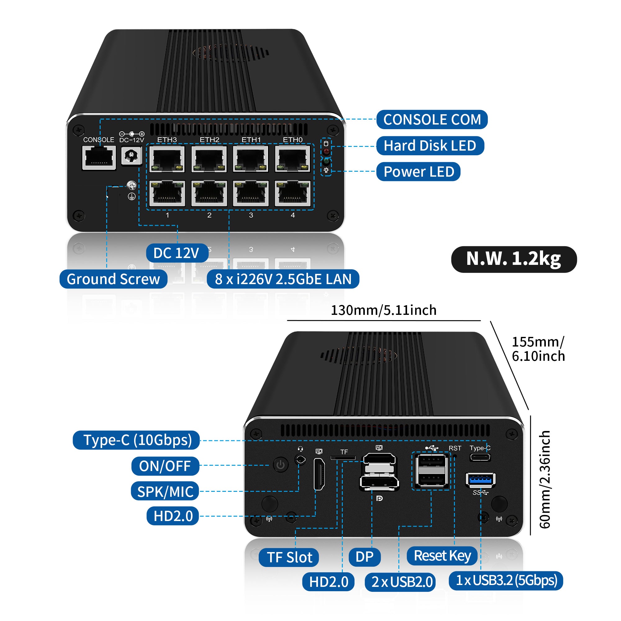 CWWK F13 Mini PC Firewall Micro Appliance, 8 Port i226V 2.5GbE LAN,Core i3 N305 OPNsense Router HardwarB RAM 128GB NVMe SSDe,3 Display DDR5 8G
