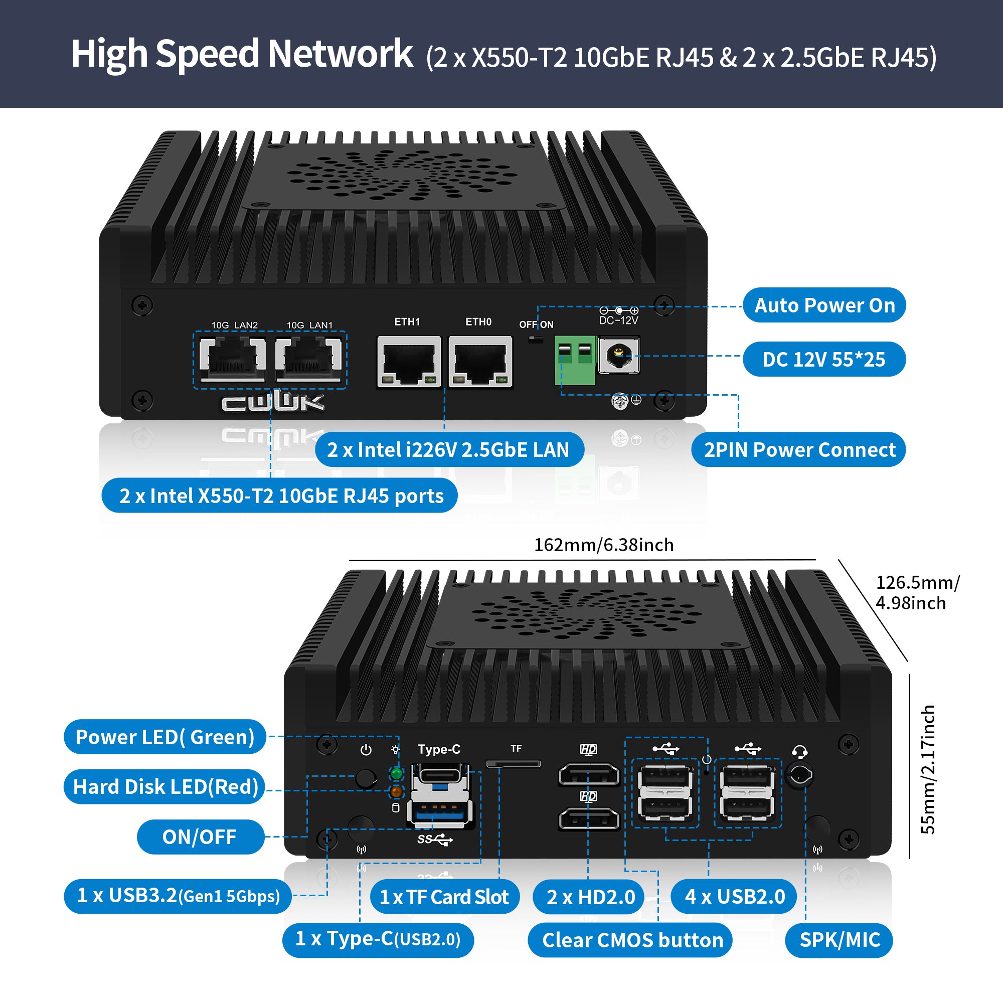 CWWK S7 Pro N150 N355 Mini PC Firewall with 2 Port 10GbE RJ45 + 2 Port 2.5GbE LAN,DDR5