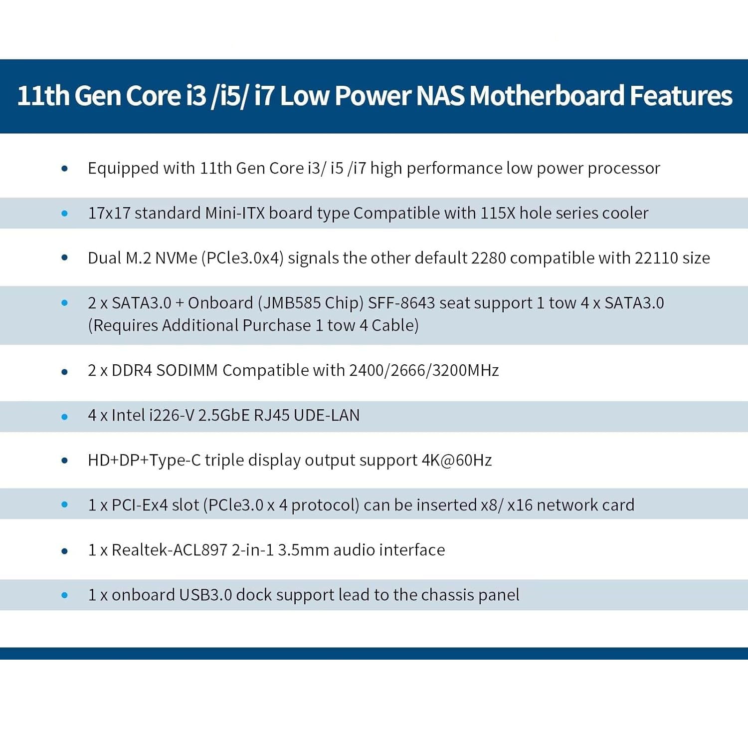 CWWK M3 NAS Motherboard Industrial, 6 Bay, Core i7-1165G7, Mini Itx, 4 × I226V 2.5GbE LAN, DDR4 8GB RAM 128GB NVMe SSD(PCIe3.0×2), 1 × SFF-8643, PCIE×4, DP + HD + Type-C(4K@60Hz)