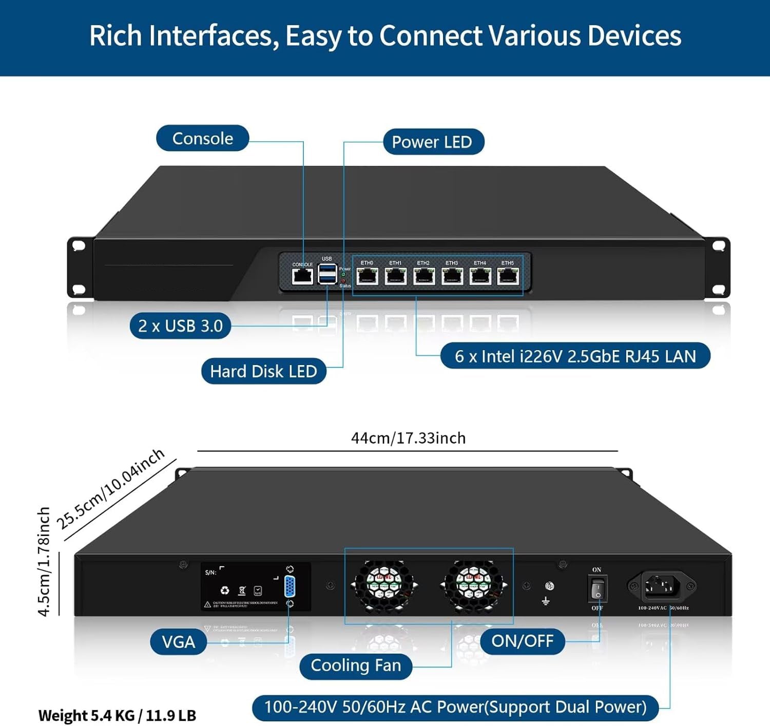 CWWK N13  1U Firewall Appliance N305, 6x i226V 2.5GbE LAN Firewall Hardware VPN Router PC, DDR5 OPNsense Hardware 19”Rackmount for Homelab Server with VGA, SIM, Barebone, Support ODM