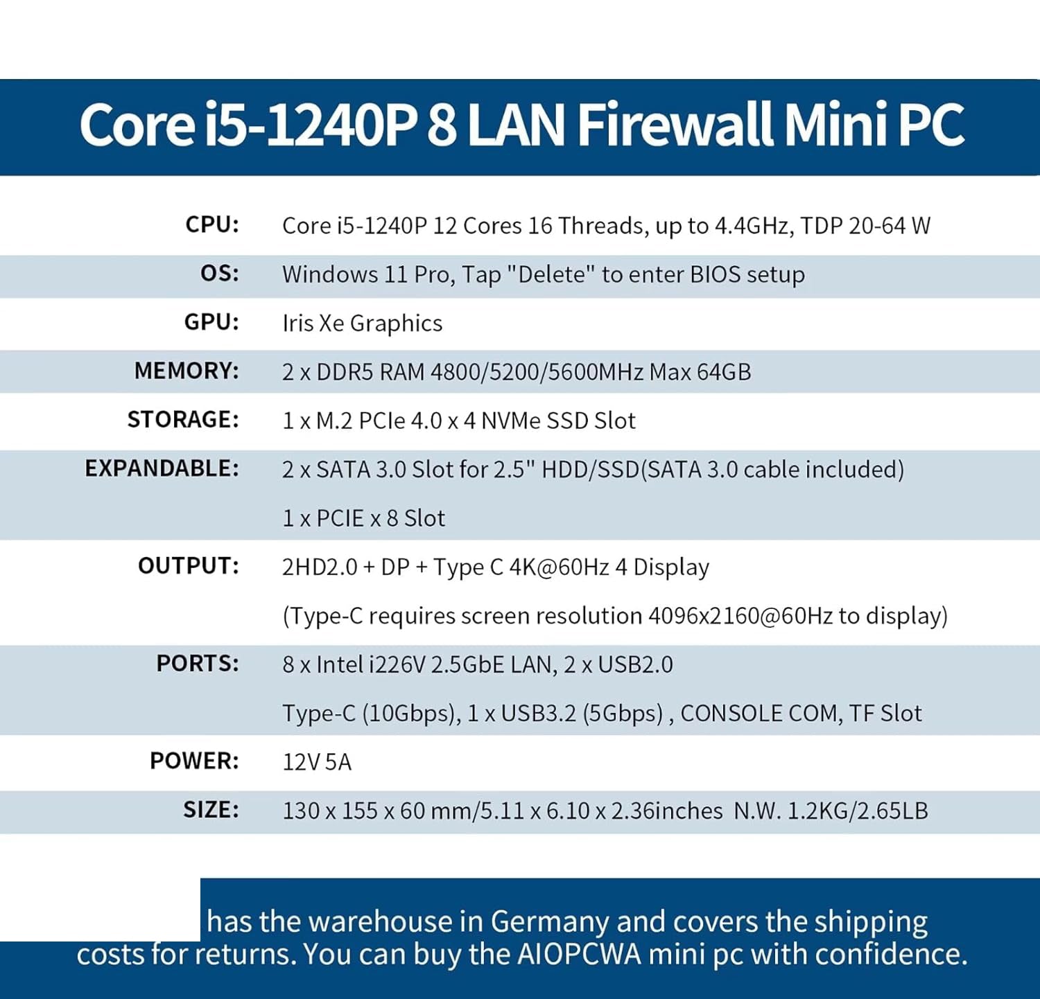 CWWK F14 Mini PC Firewall Micro Appliance, 8 Port i226V 2.5GbE LAN,12th Gen Core i5 1240P, OPNsense Hardware