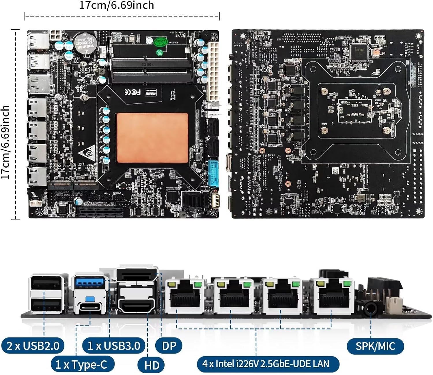 CWWK M3 NAS Motherboard Industrial, 6 Bay, Core i7-1165G7, Mini Itx, 4 × I226V 2.5GbE LAN, DDR4 8GB RAM 128GB NVMe SSD(PCIe3.0×2), 1 × SFF-8643, PCIE×4, DP + HD + Type-C(4K@60Hz)