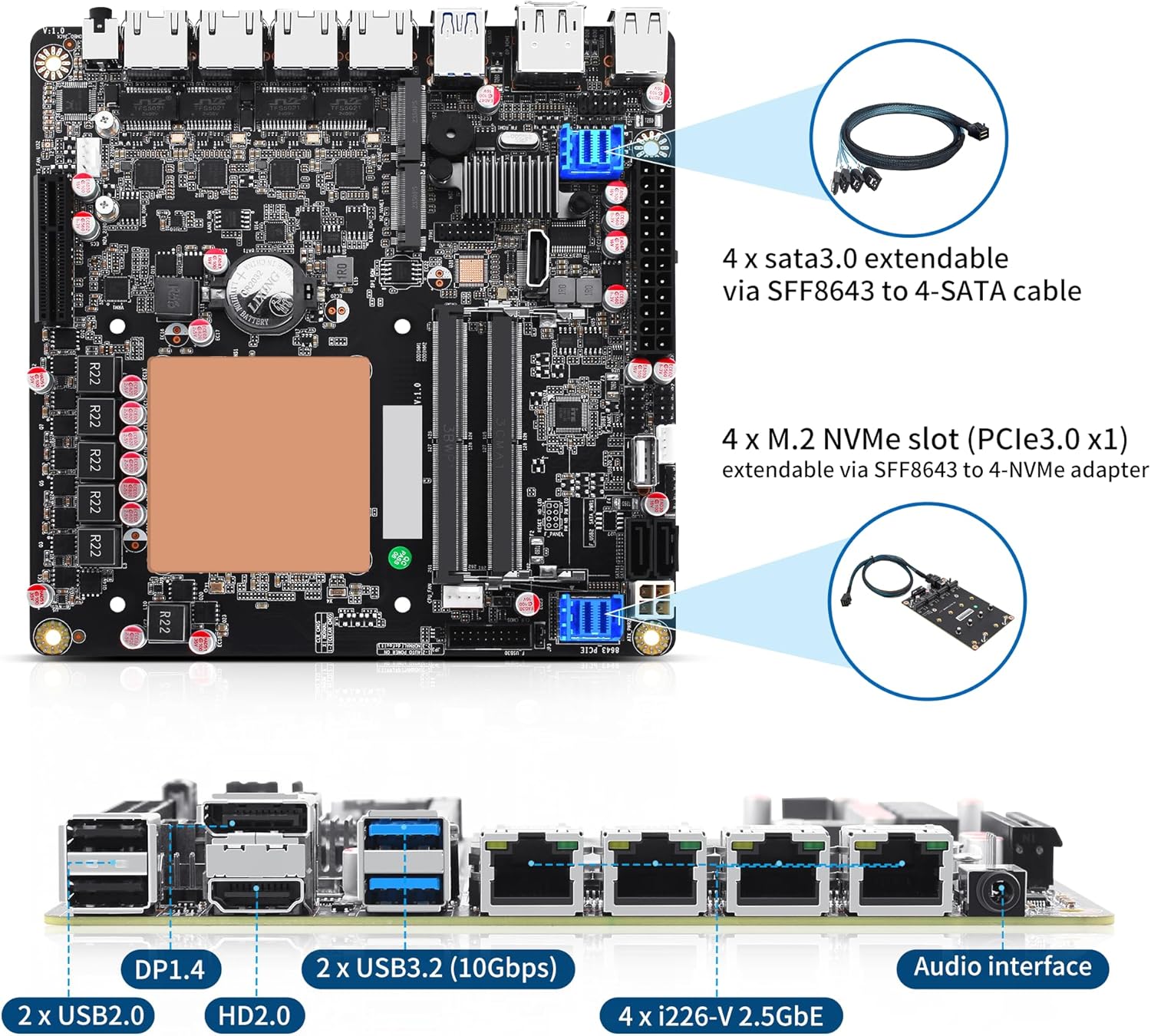 CWWK i5 NAS Mainboard 6 Bay, 6x M.2 NVMe Mini ITX Motherboard M5 Core i5 12450H, DDR5 8GB RAM 128GB SSD PC Motherboards with PCIe4.0×4, 4 Port i226-V 2.5GbE LAN, USB3.2(with Adapter)