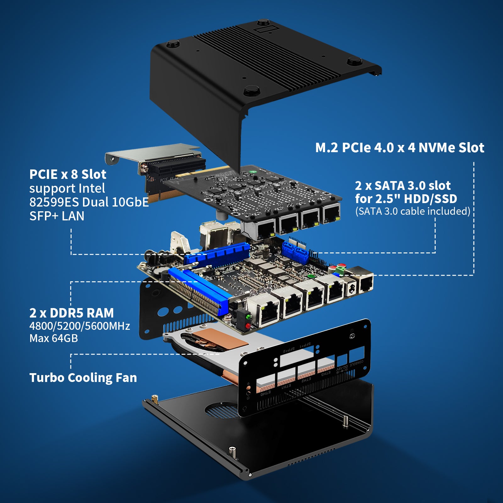 CWWK F13 Mini PC Firewall Micro Appliance, 8 Port i226V 2.5GbE LAN,Core i3 N305 OPNsense Router HardwarB RAM 128GB NVMe SSDe,3 Display DDR5 8G