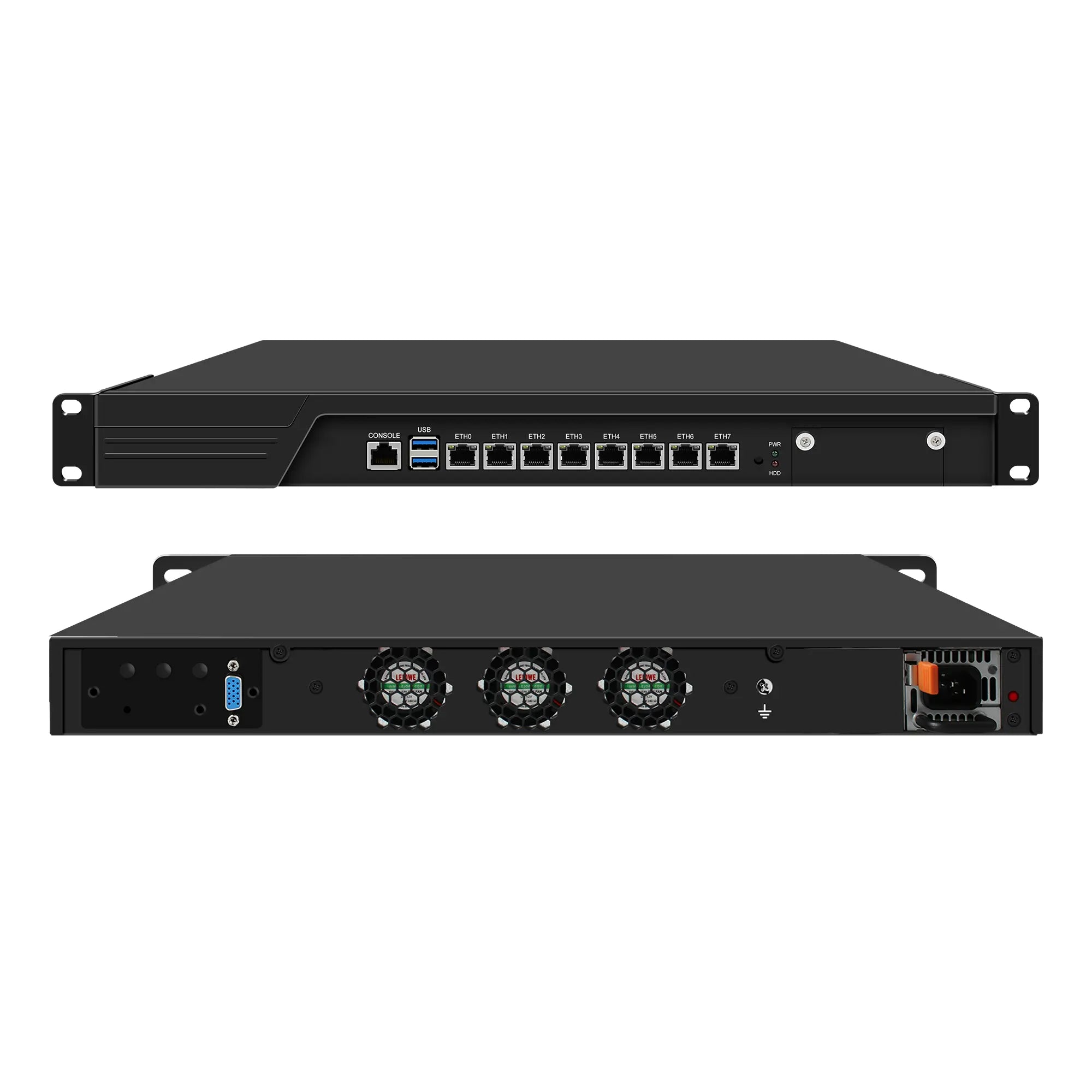 Black network switch with multiple ports on a white background